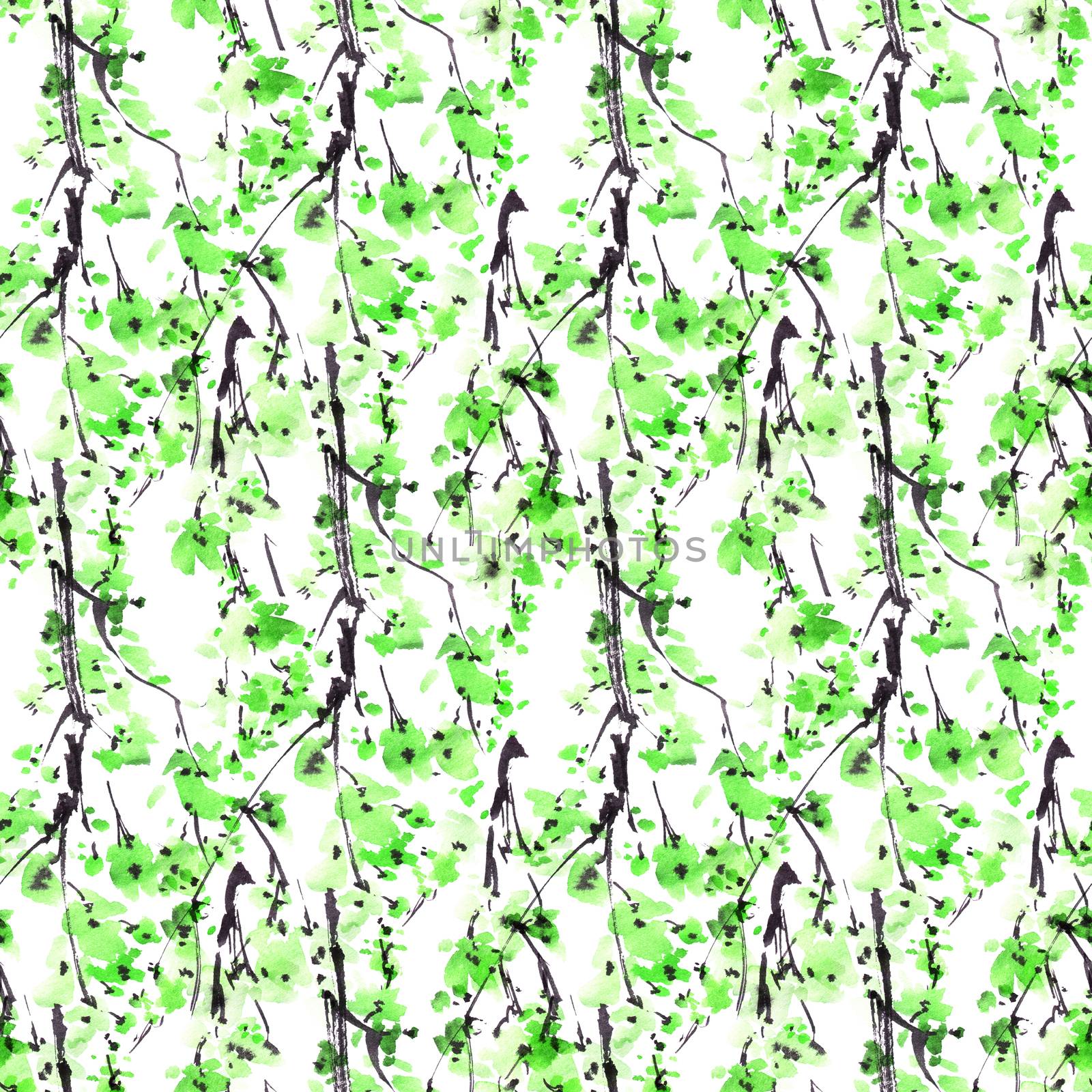Watercolor and ink illustration of tree with green leaves on white background. Oriental traditional painting in style sumi-e, u-sin. Seamless pattern.