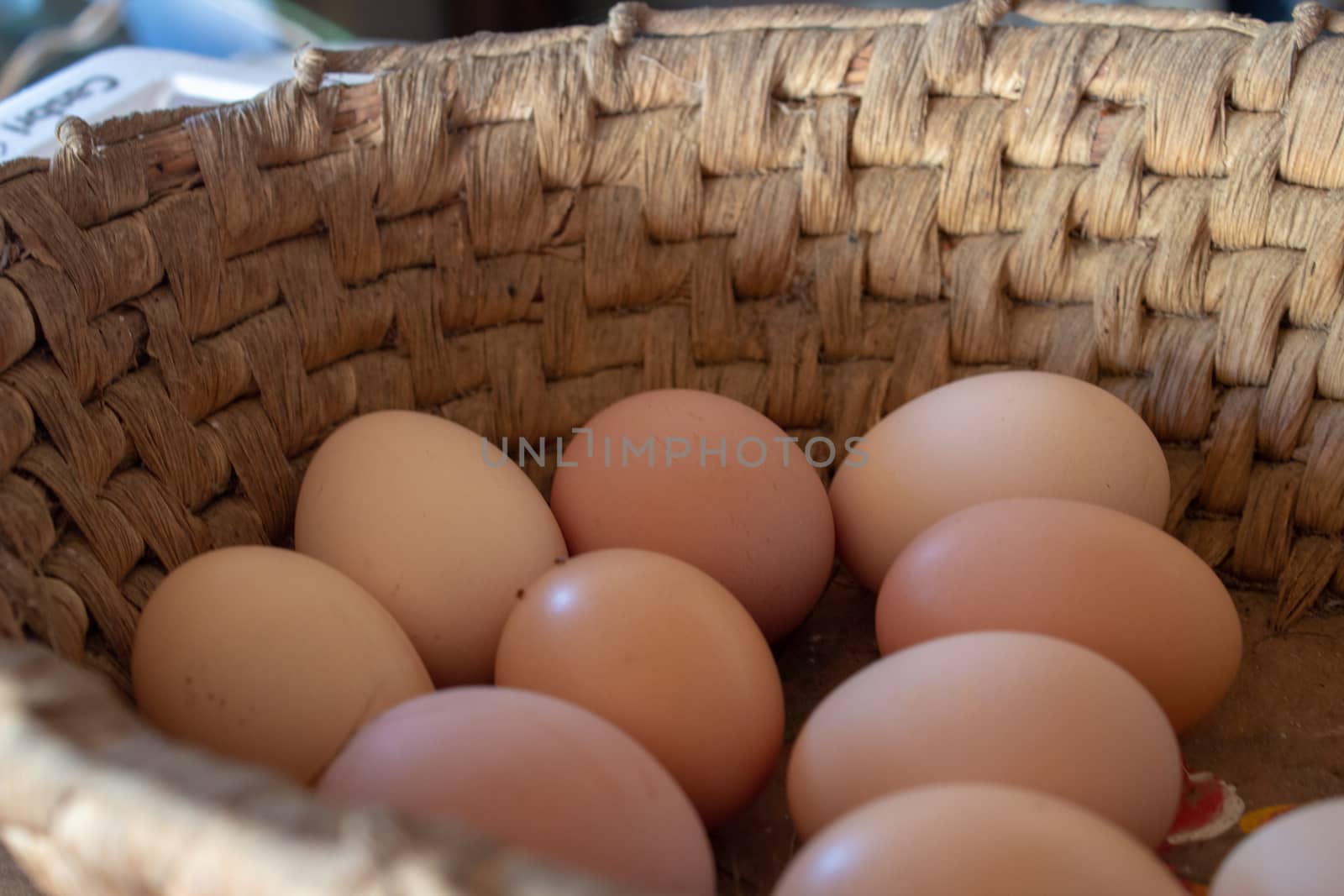A hay basket full of red eggs