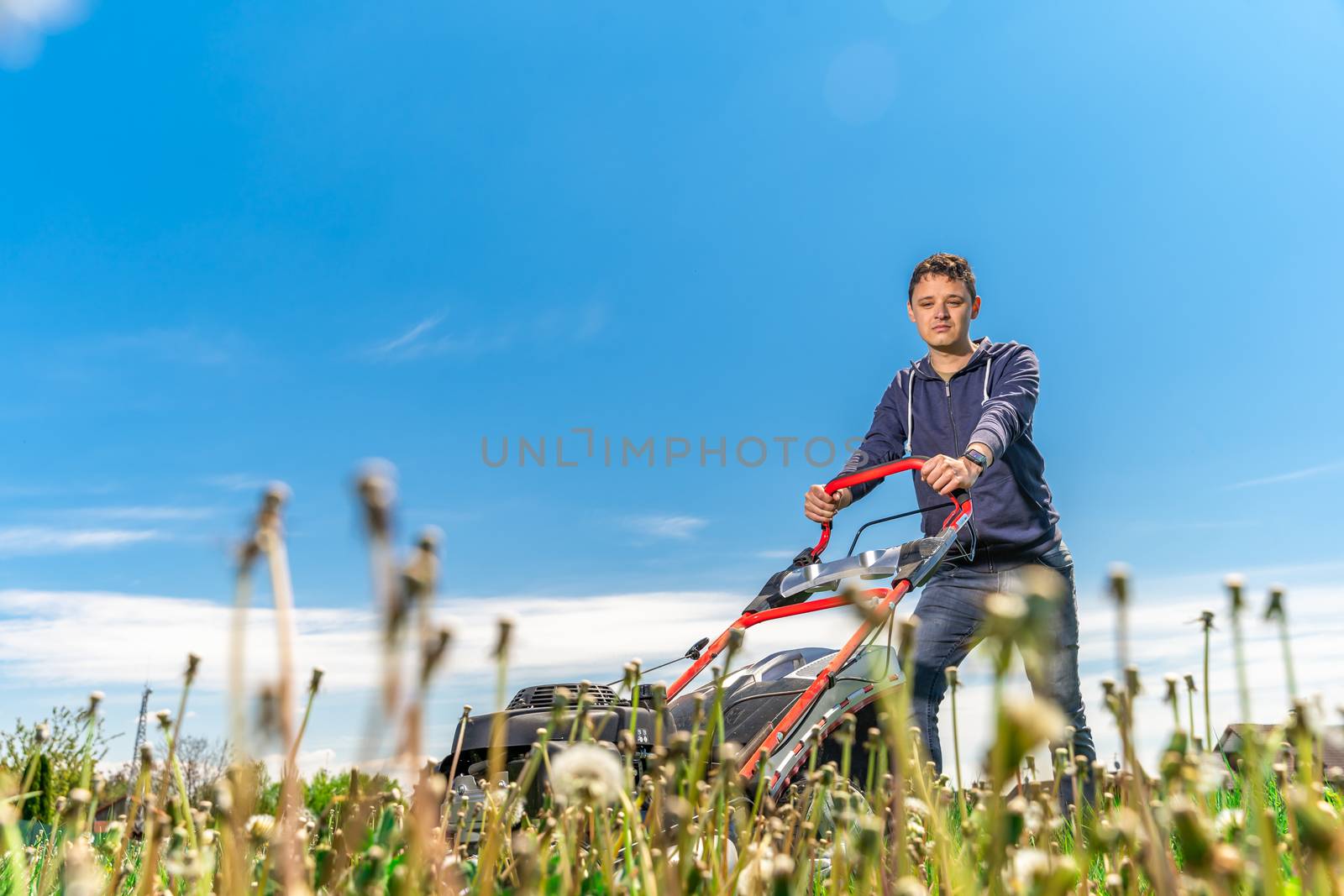 Man mows the lawn with a lawn mower. copy space by Edophoto