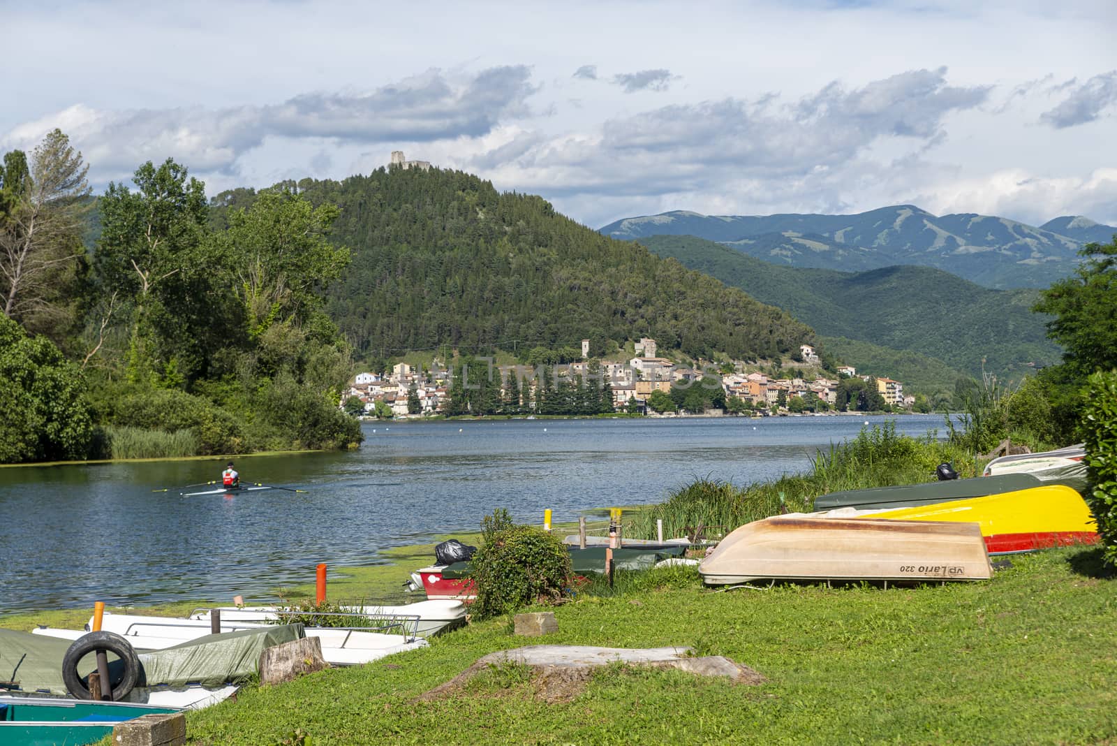 piediluco,italy june 22 2020:velino river which opens onto piediluco lake with rowing vests