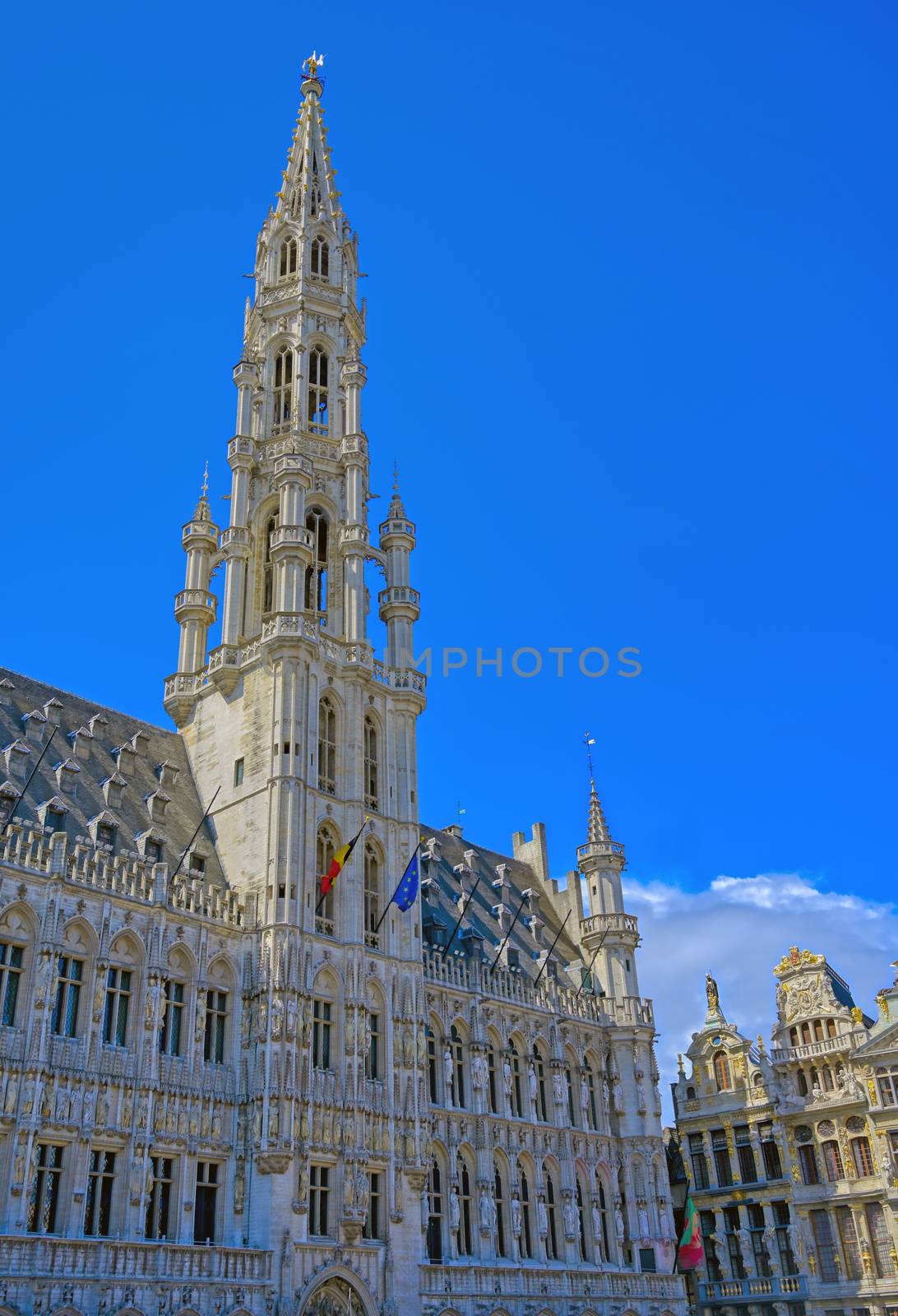 The Town Hall of the City of Brussels is a Gothic building from the Middle Ages. It is located on the famous Grand Place in Brussels, Belgium.