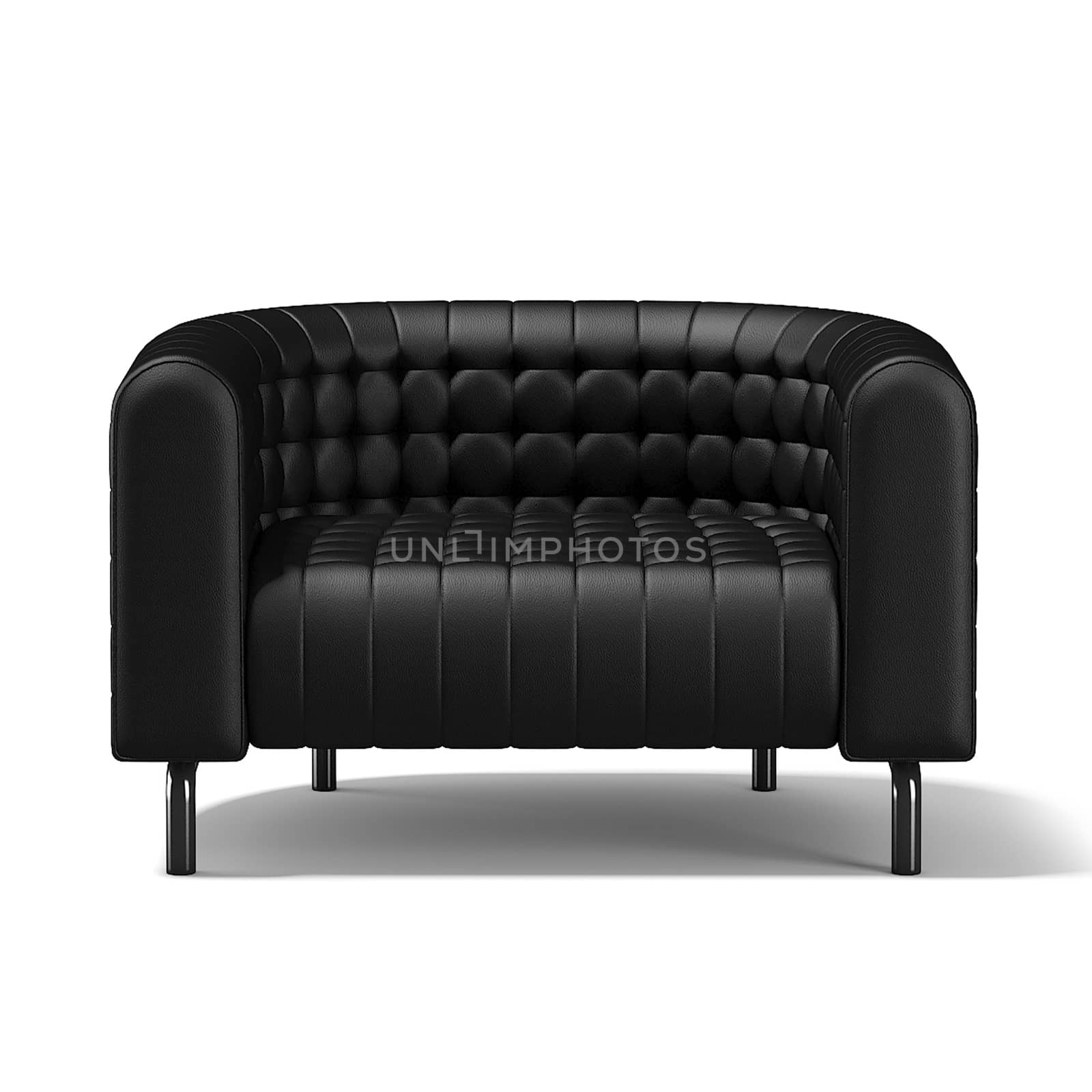 Modern small black leather sofa on white background. 3D rendering.