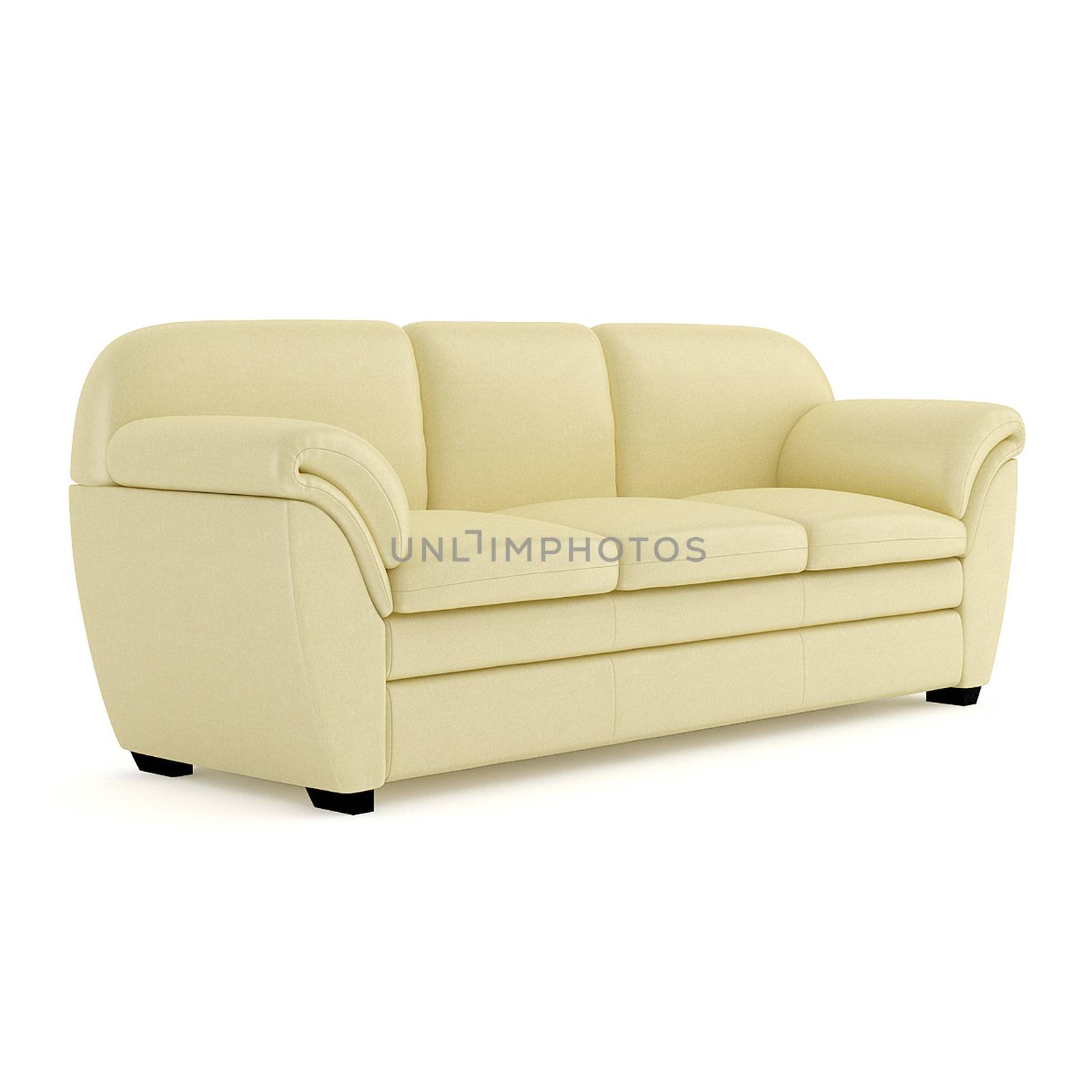 Comfortable sofa with cushions, covered with light yellow material. 3D rendering.