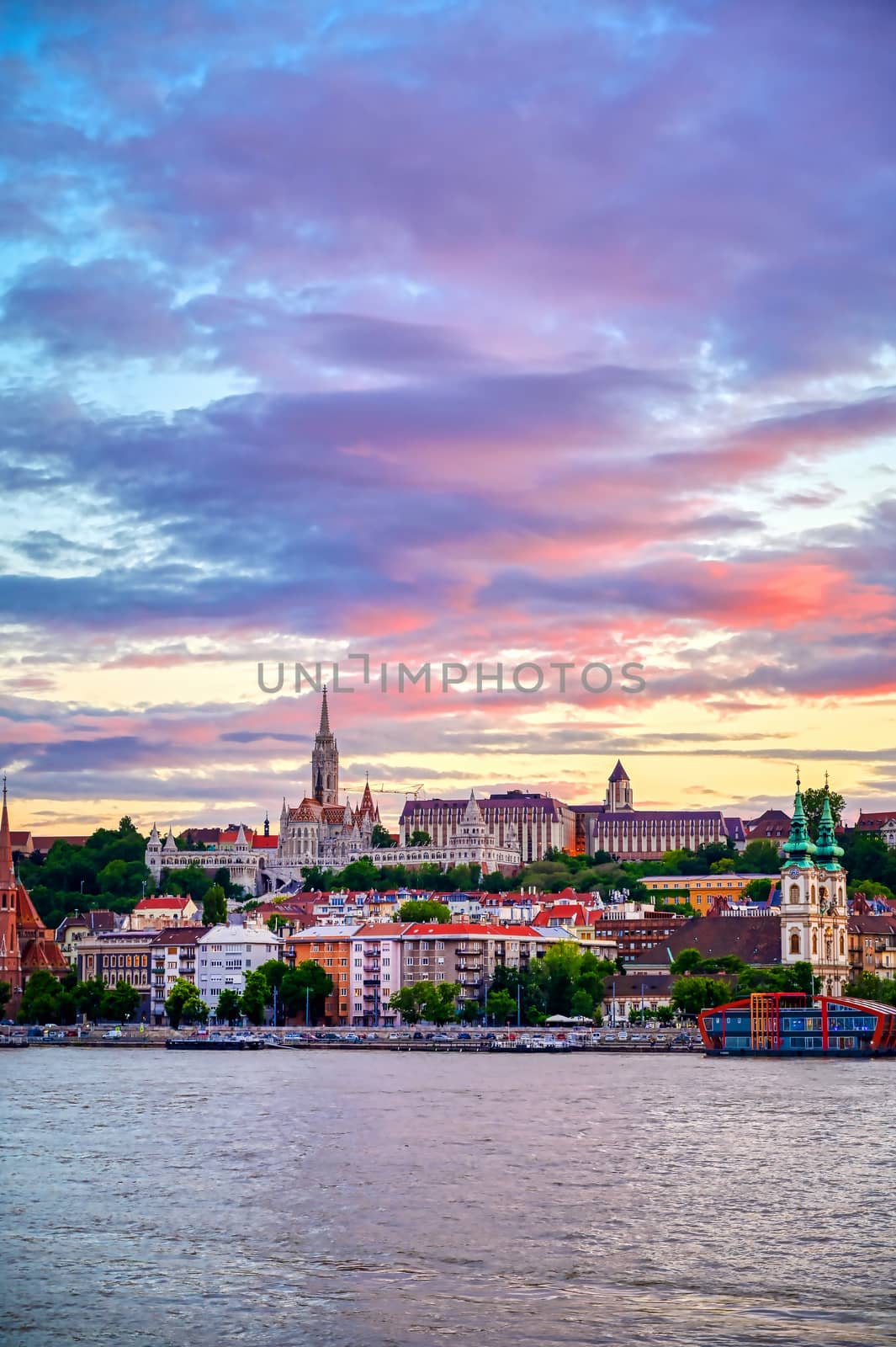 The Buda side of Budapest, Hungary along the Danube River at sunset
