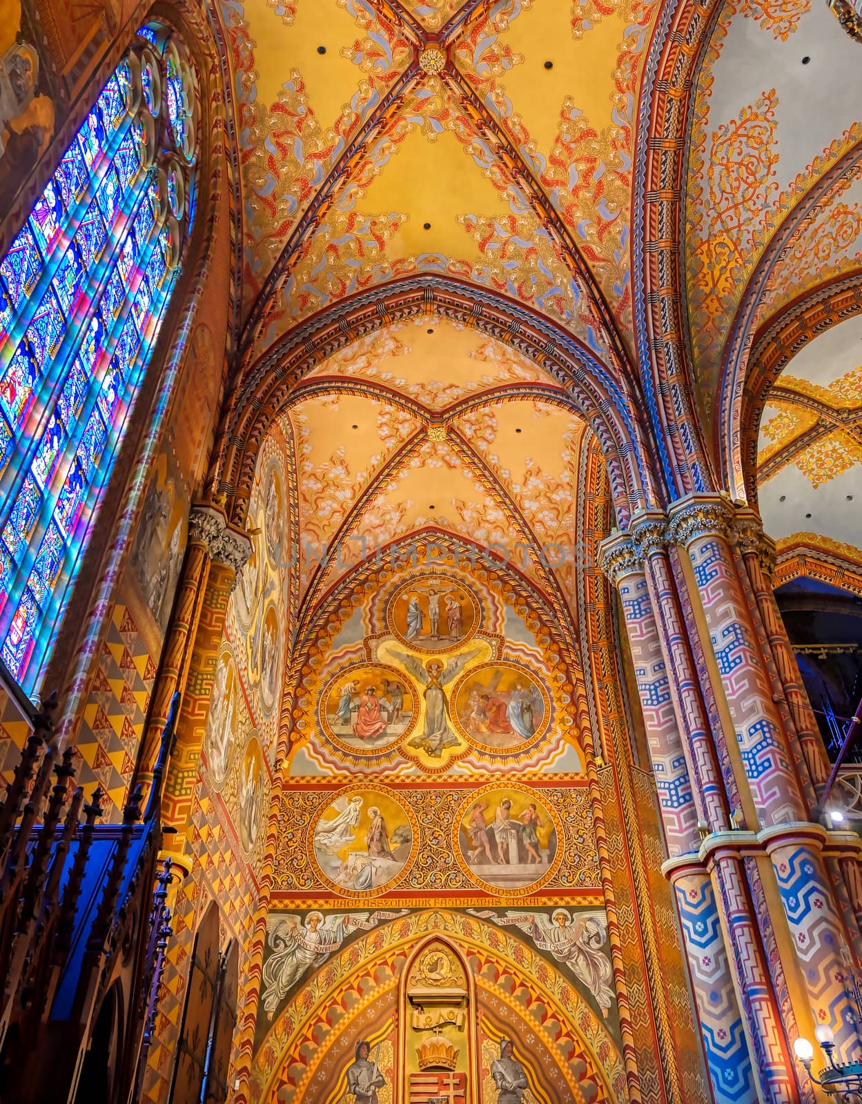 Budapest, Hungary - May 24, 2019 - The interior of the Church of the Assumption of the Buda Castle, more commonly known as the Matthias Church, located in Budapest, Hungary.