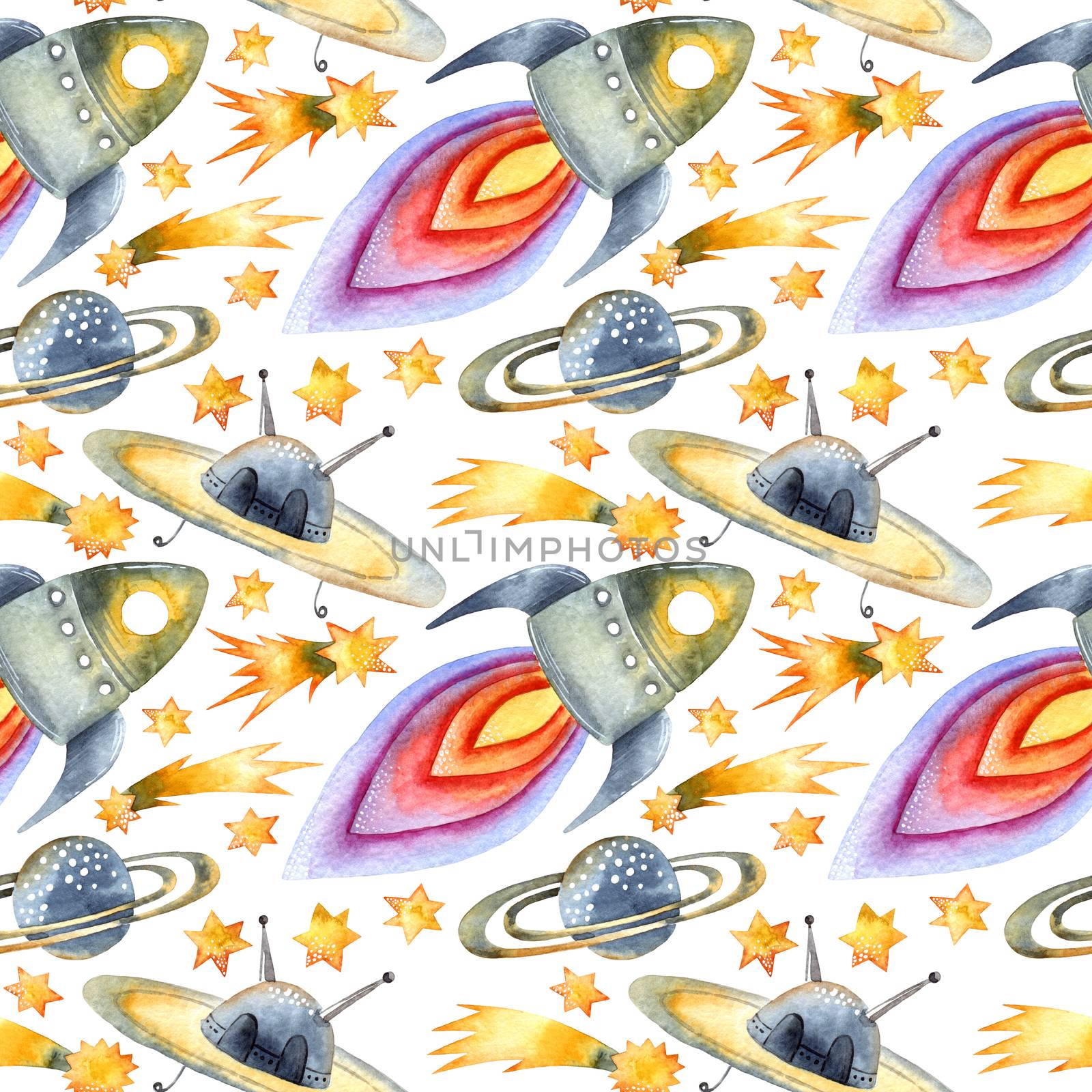 Watercolor illustration of space objects: planets, rocket, UFO, stars and comets on white background. Seamless pattern.