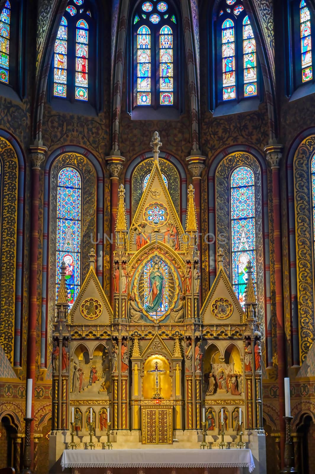 Budapest, Hungary - May 24, 2019 - The interior of the Church of the Assumption of the Buda Castle, more commonly known as the Matthias Church, located in Budapest, Hungary.