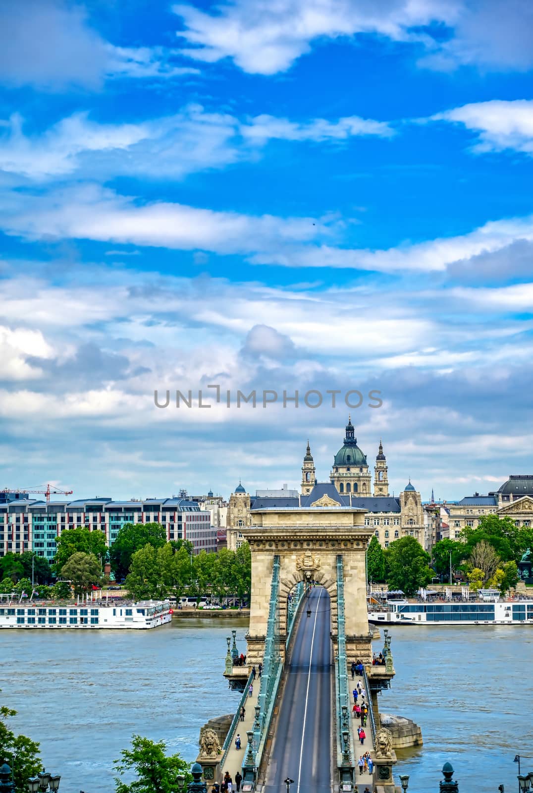 The Chain Bridge across the Danube River in Budapest, Hungary.