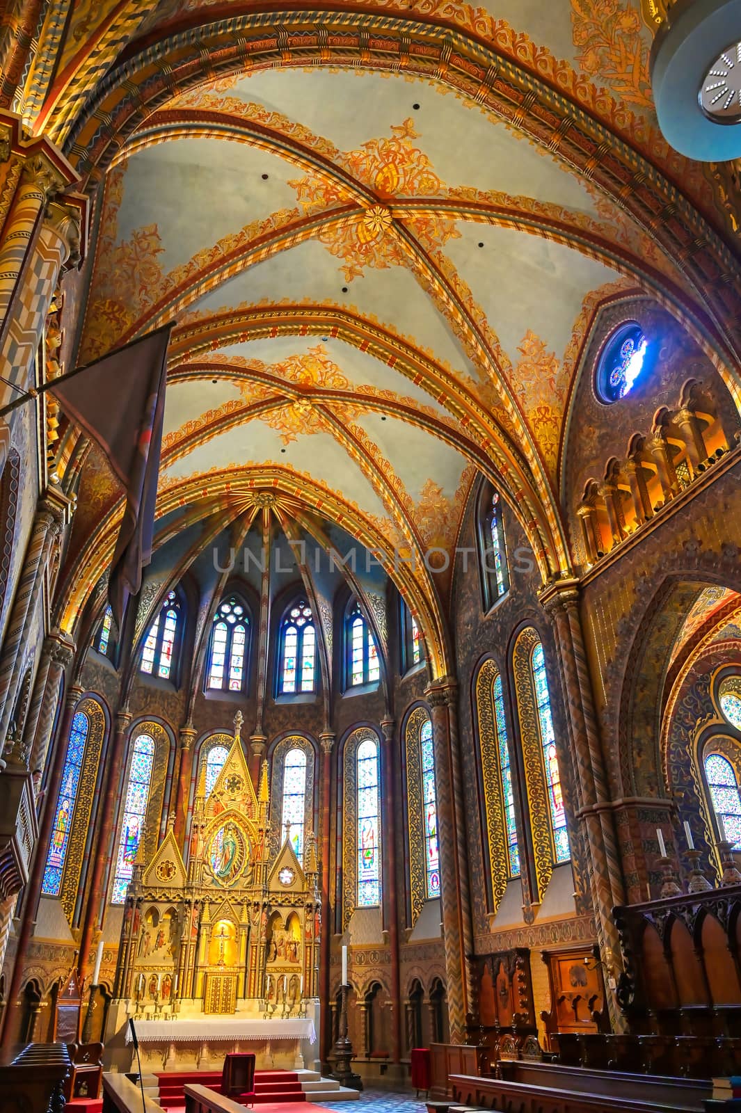 Budapest, Hungary - May 24, 2019 - The interior of the Church of the Assumption of the Buda Castle, more commonly known as the Matthias Church, located in Budapest, Hungary.