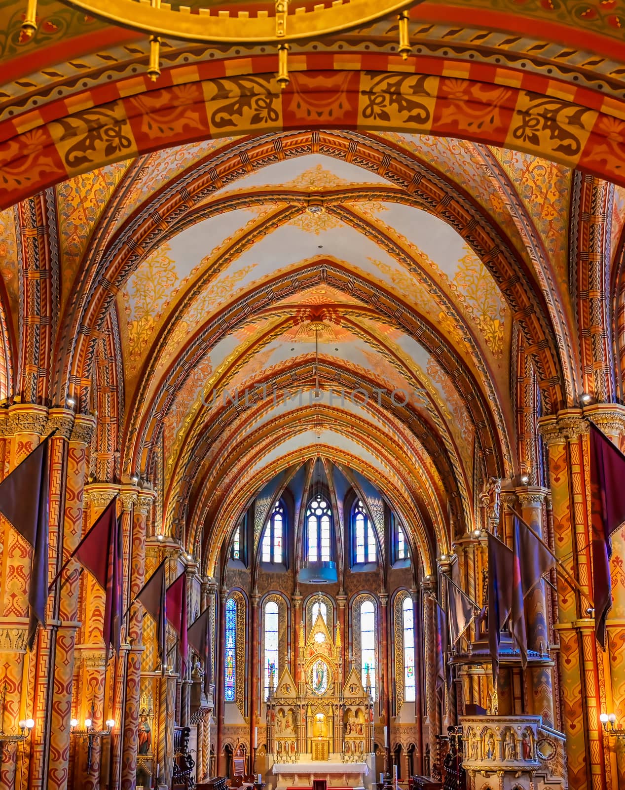 Budapest, Hungary - May 24, 2019 - The interior of the Church of the Assumption of the Buda Castle, more commonly known as the Matthias Church, located in Budapest, Hungary.