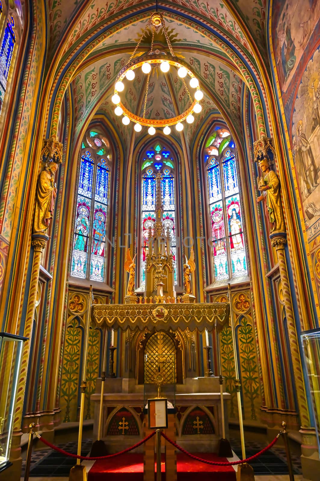 Budapest, Hungary - May 24, 2019 - The interior of the Church of the Assumption of the Buda Castle, more commonly known as the Matthias Church, located in Budapest, Hungary.