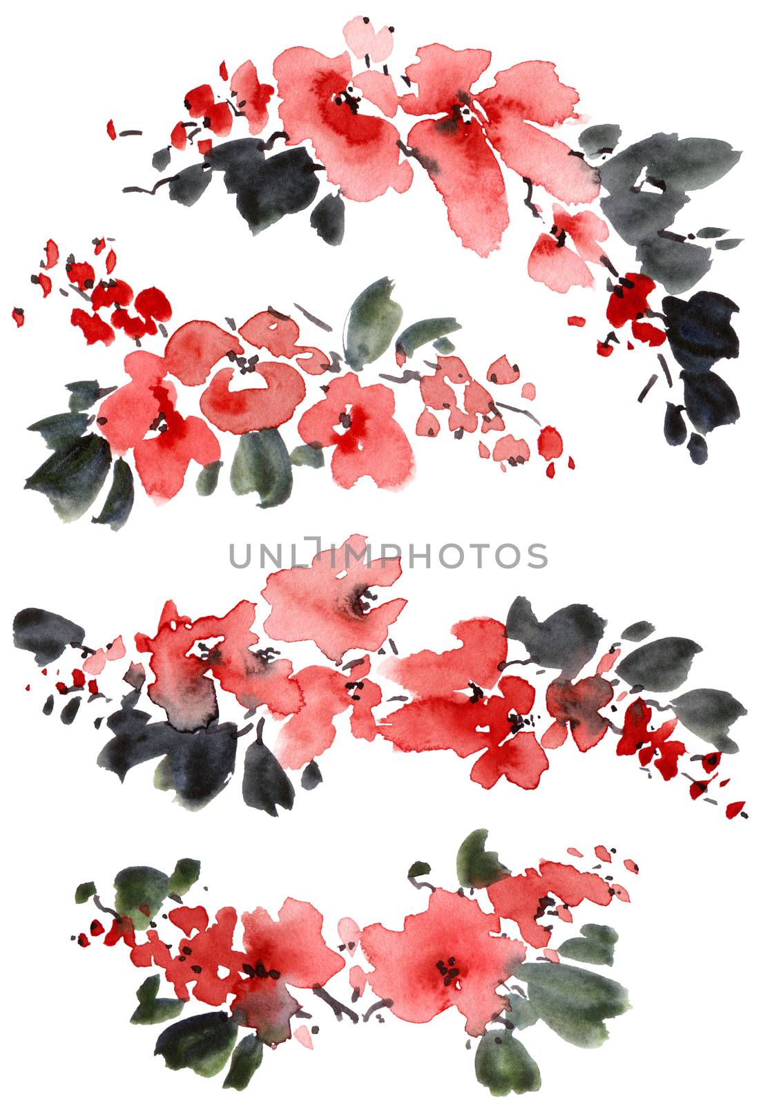 Watercolor and ink illustration of sakura tree with flowers and leaves. Oriental traditional painting in style sumi-e, u-sin and gohua.