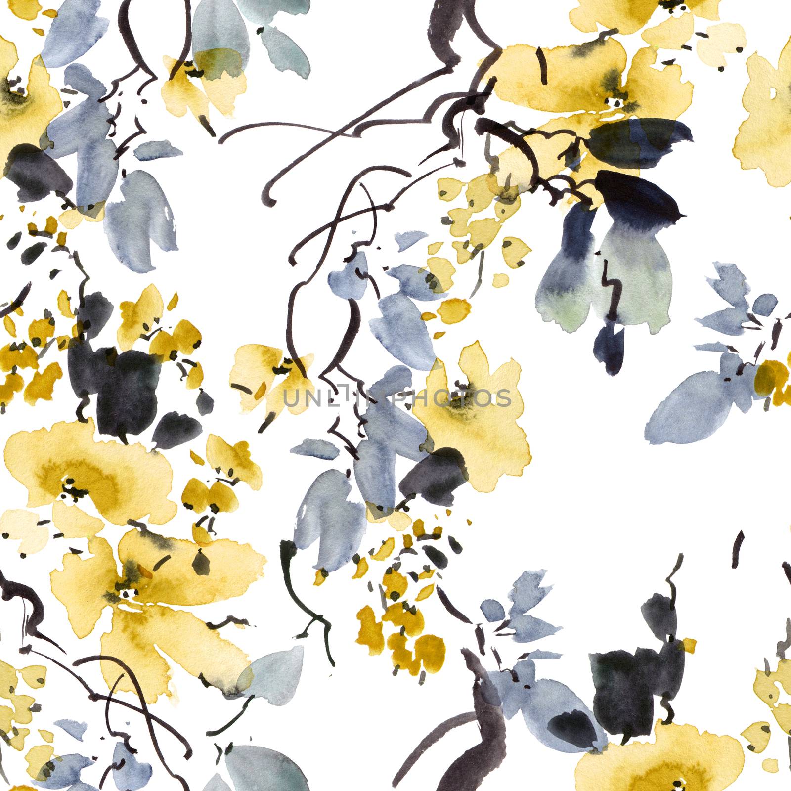 Watercolor and ink illustration of plum tree with flowers and leaves. Oriental traditional painting in style sumi-e, u-sin and gohua. Seamless pattern.