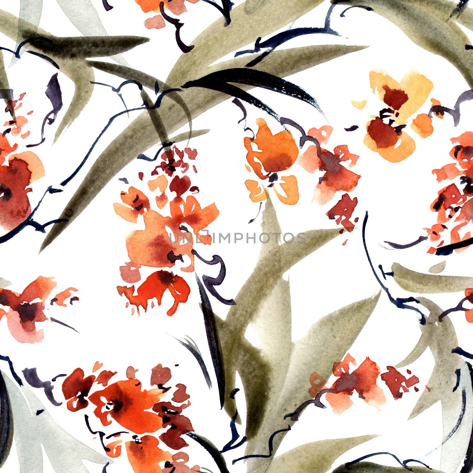 Watercolor and ink illustration of tree leaves and flowers in style sumi-e, u-sin. Oriental traditional painting. Seamless pattern.