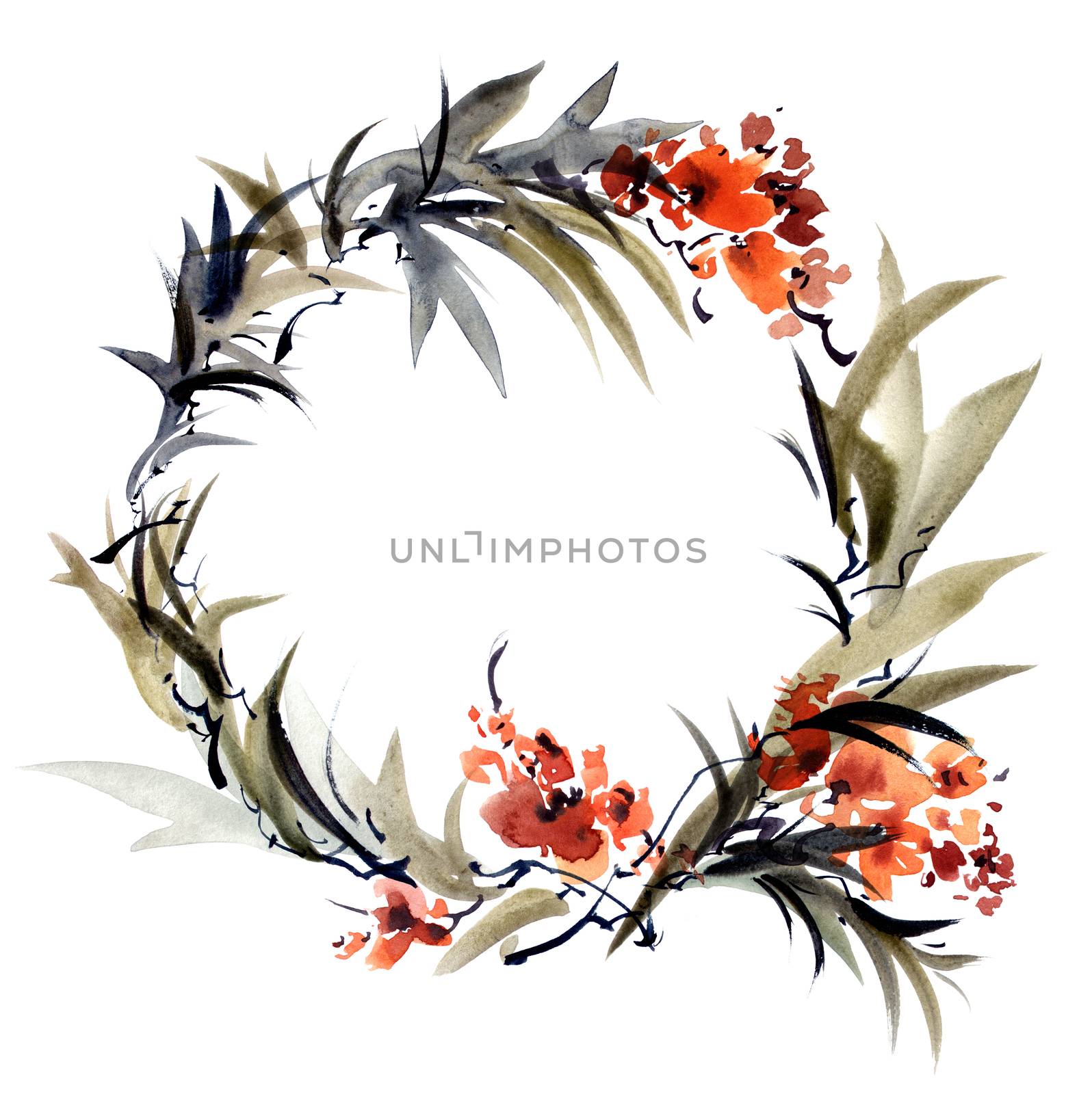 Watercolor and ink illustration of blossom tree branch with leaves and flowers in style sumi-e, u-sin on white background. Round frame. Design for greeting card, cover or invitation. Oriental traditional painting.