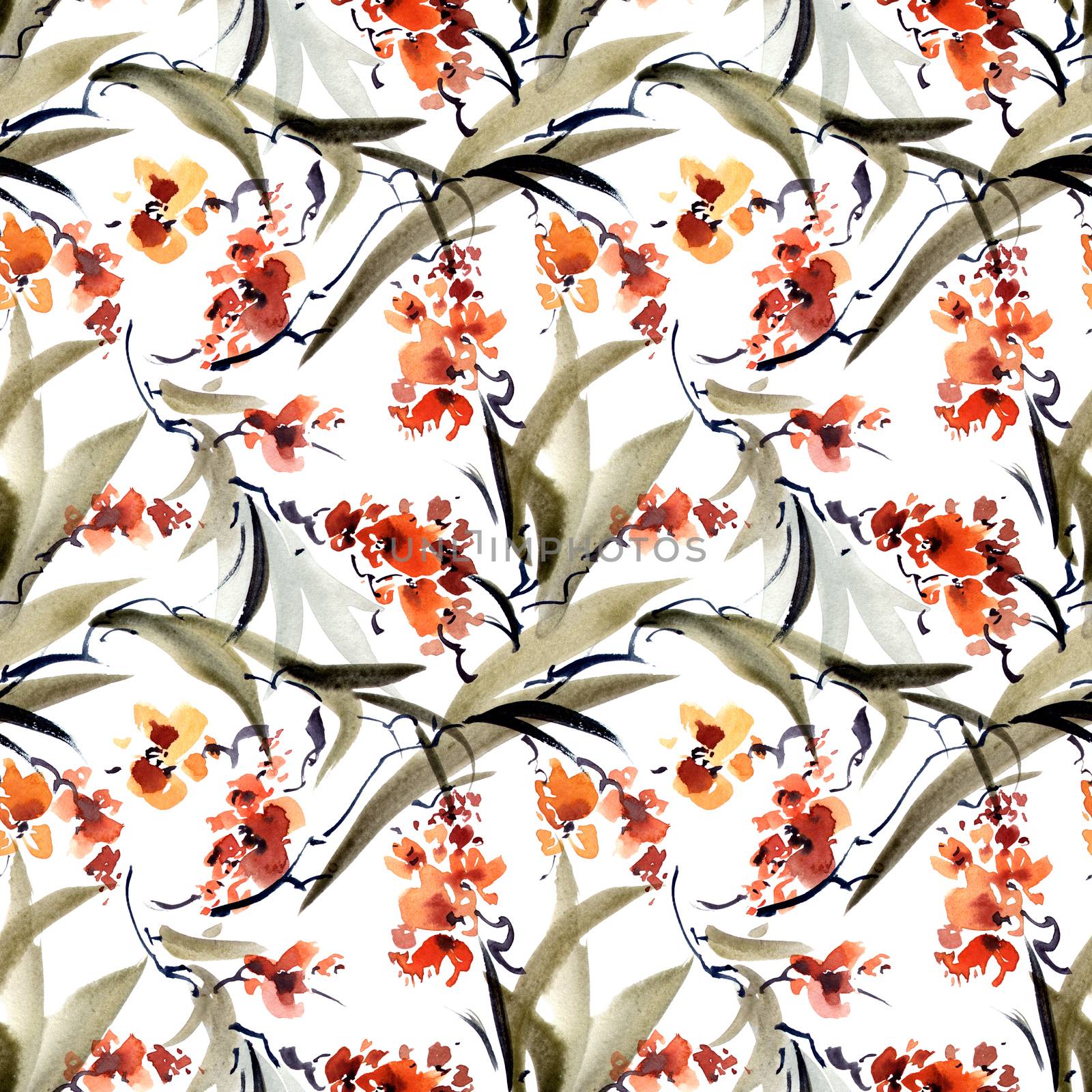 Watercolor and ink illustration of tree leaves and flowers in style sumi-e, u-sin. Oriental traditional painting. Seamless pattern.