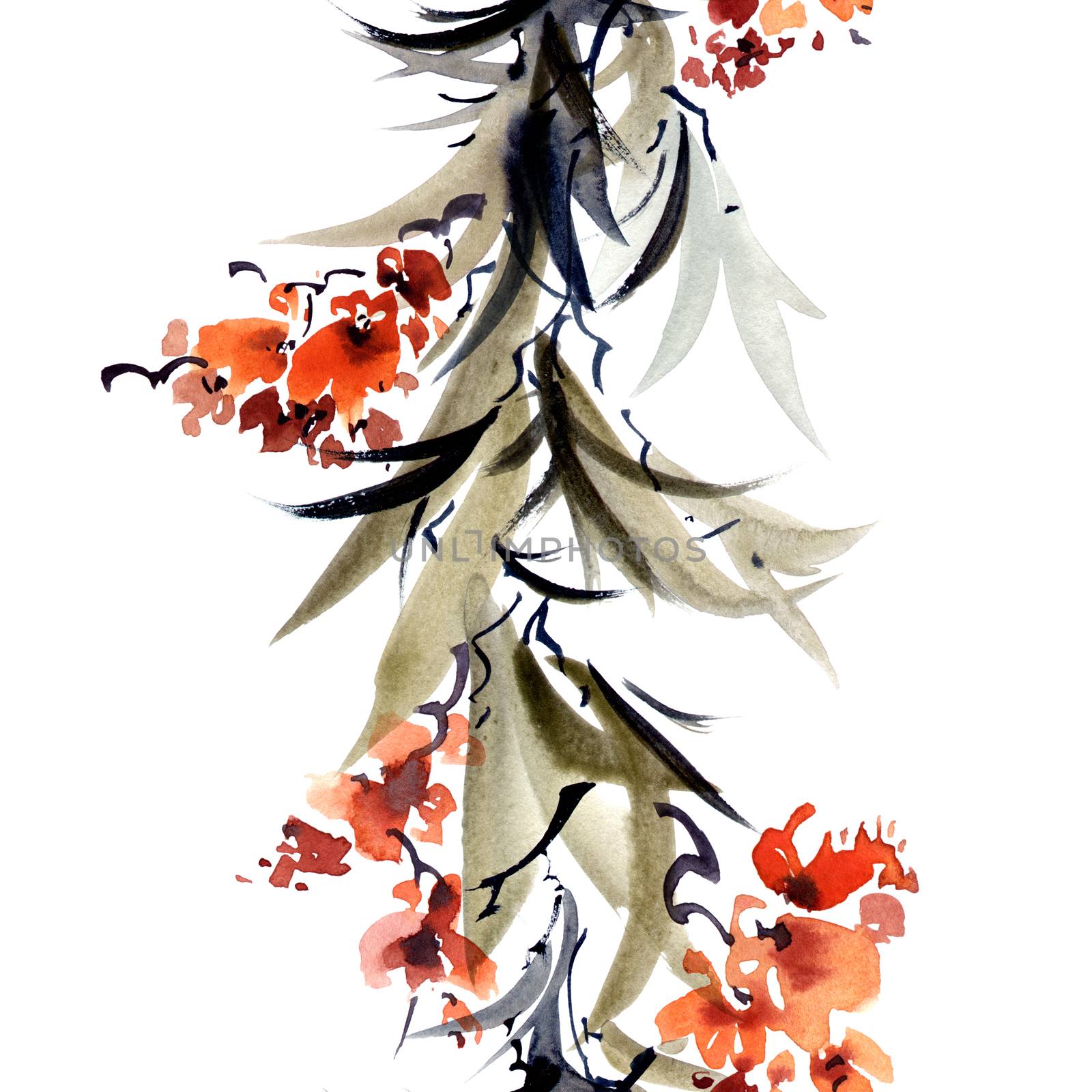 Watercolor and ink illustration of tree leaves and flowers in style sumi-e, u-sin. Oriental traditional painting. Seamless pattern.