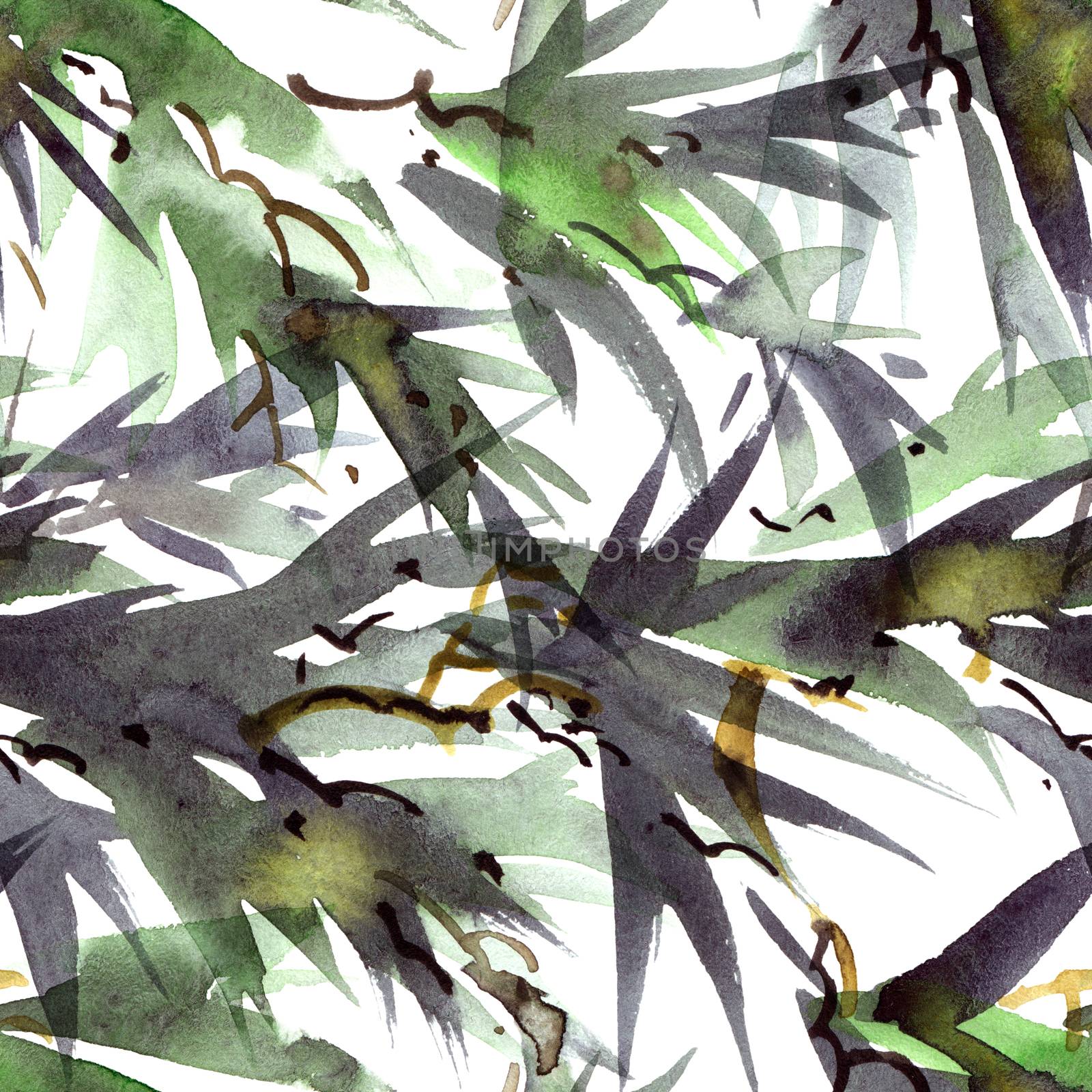 Watercolor and ink illustration of bamboo leaves in style sumi-e, u-sin. Oriental traditional painting. Seamless pattern.