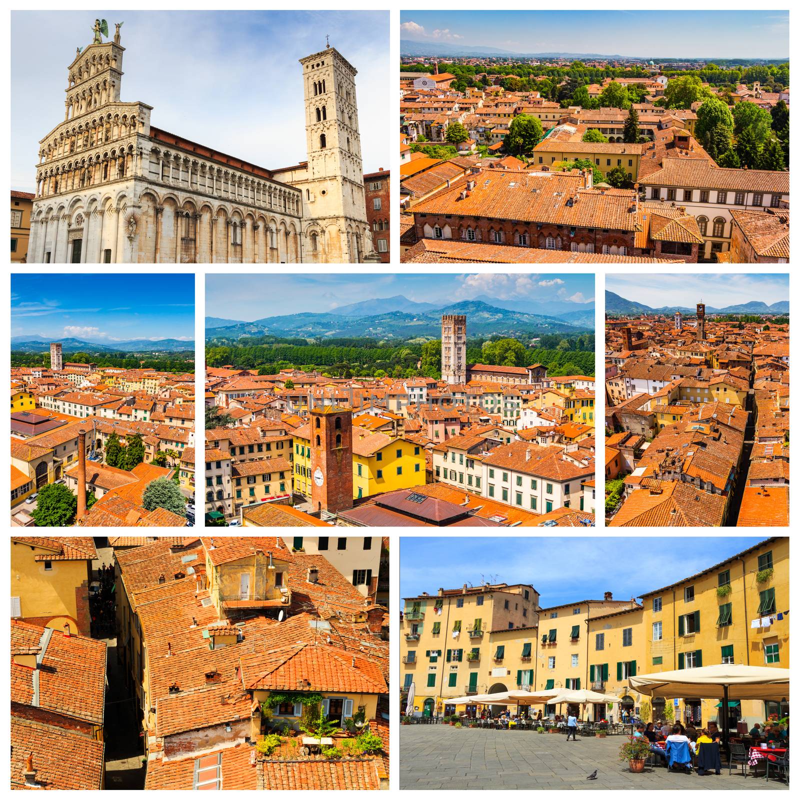 Collage of Lucca photos with terracotta roof in Italy