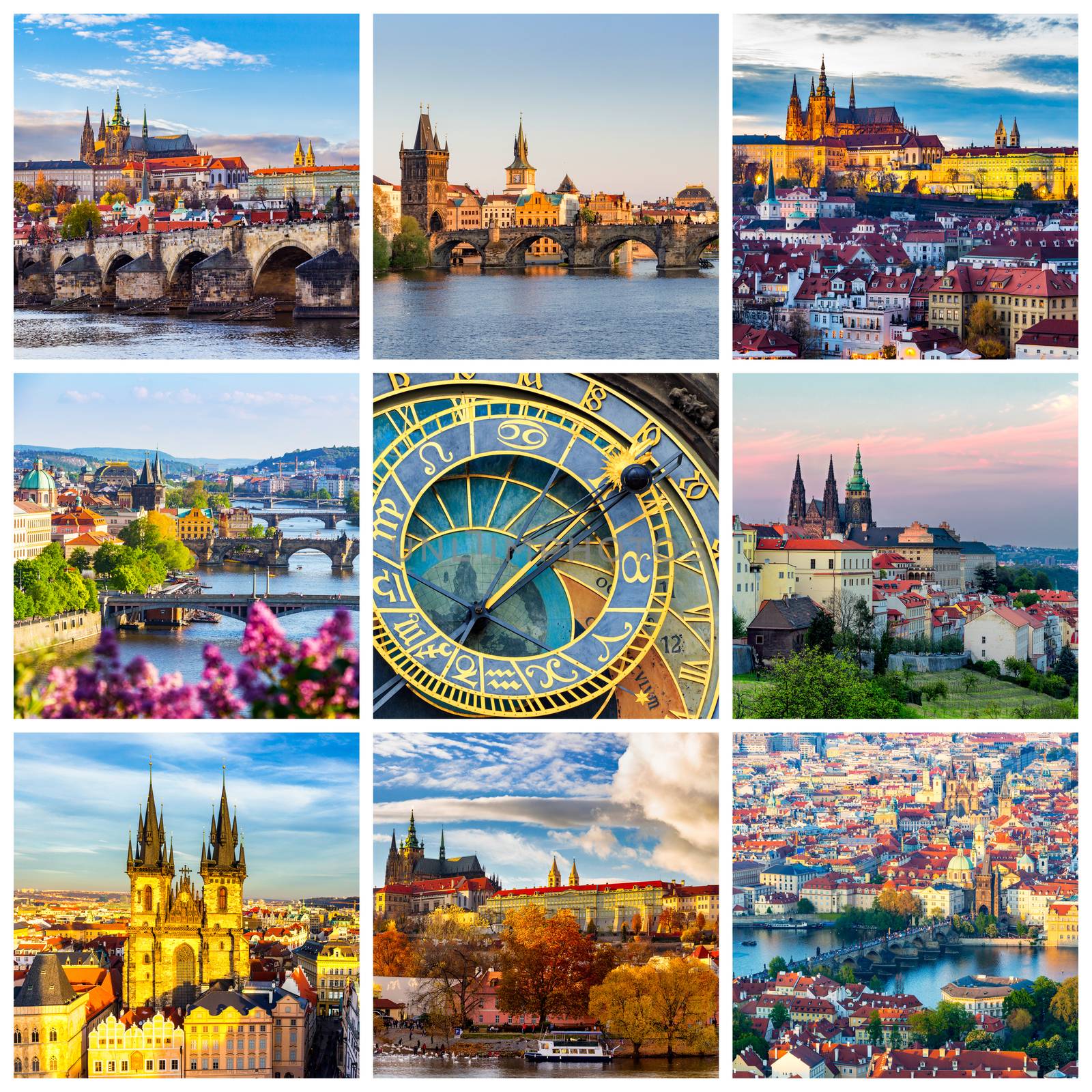 Collage of landmarks of Prague. Charles bridge, Cathedral of Saint Vitus, Orloj Astronomical Clock, Church of our Lady Tyn in old town of Prague, Czech Republic