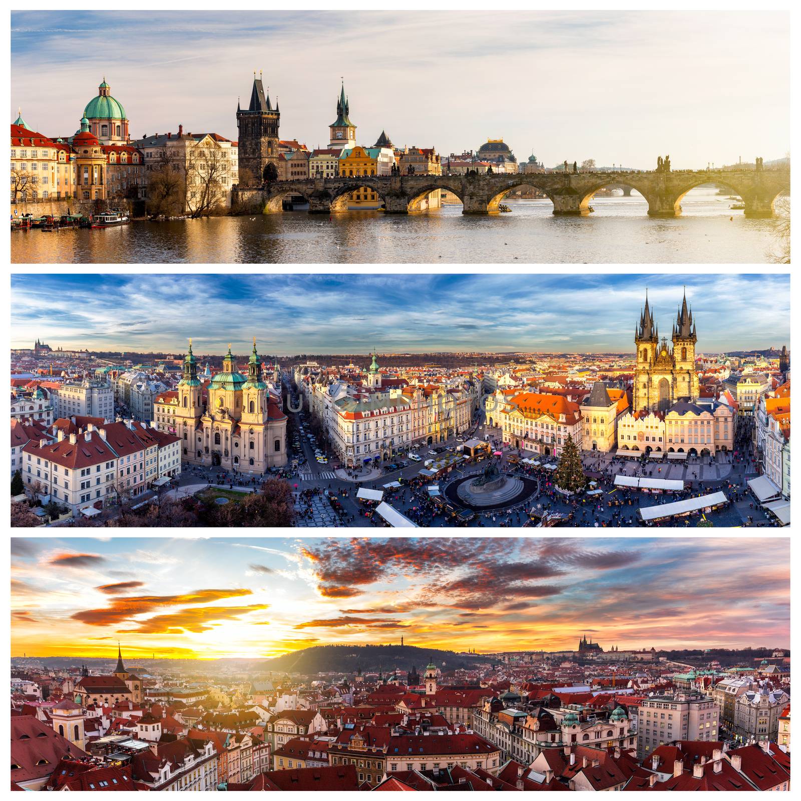 Collage of landmarks of Prague. Charles bridge, Cathedral of Saint Vitus, Orloj Astronomical Clock, Church of our Lady Tyn in old town of Prague, Czech Republic