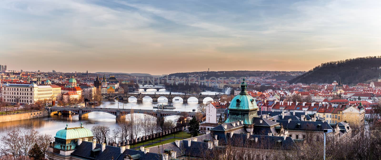 View of the most important bridges in Prague: Charles bridge, Palace bridge, Railway bridge, Legion bridge, Manes bridge, Jirasek bridge. Czechia