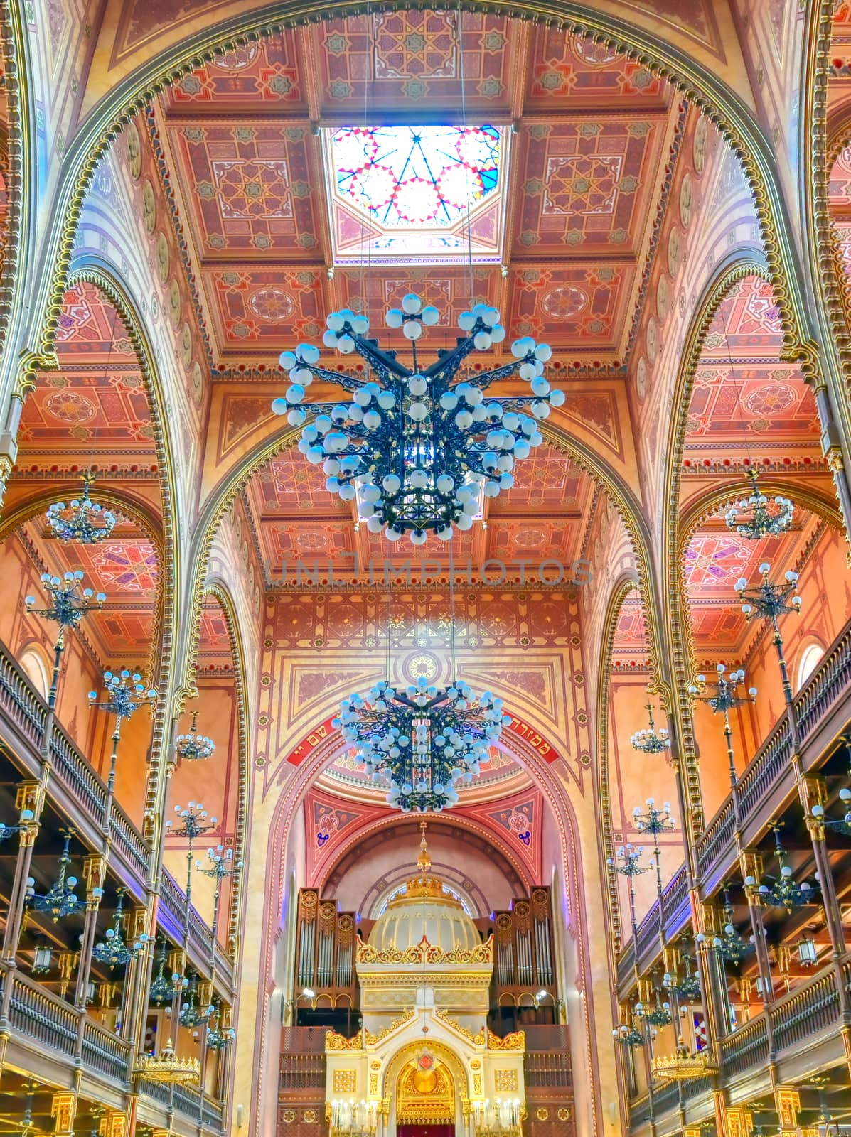 Budapest, Hungary - May 26, 2019 - The Interior of the Dohany Street Synagogue, built in 1859, located in Budapest, Hungary.