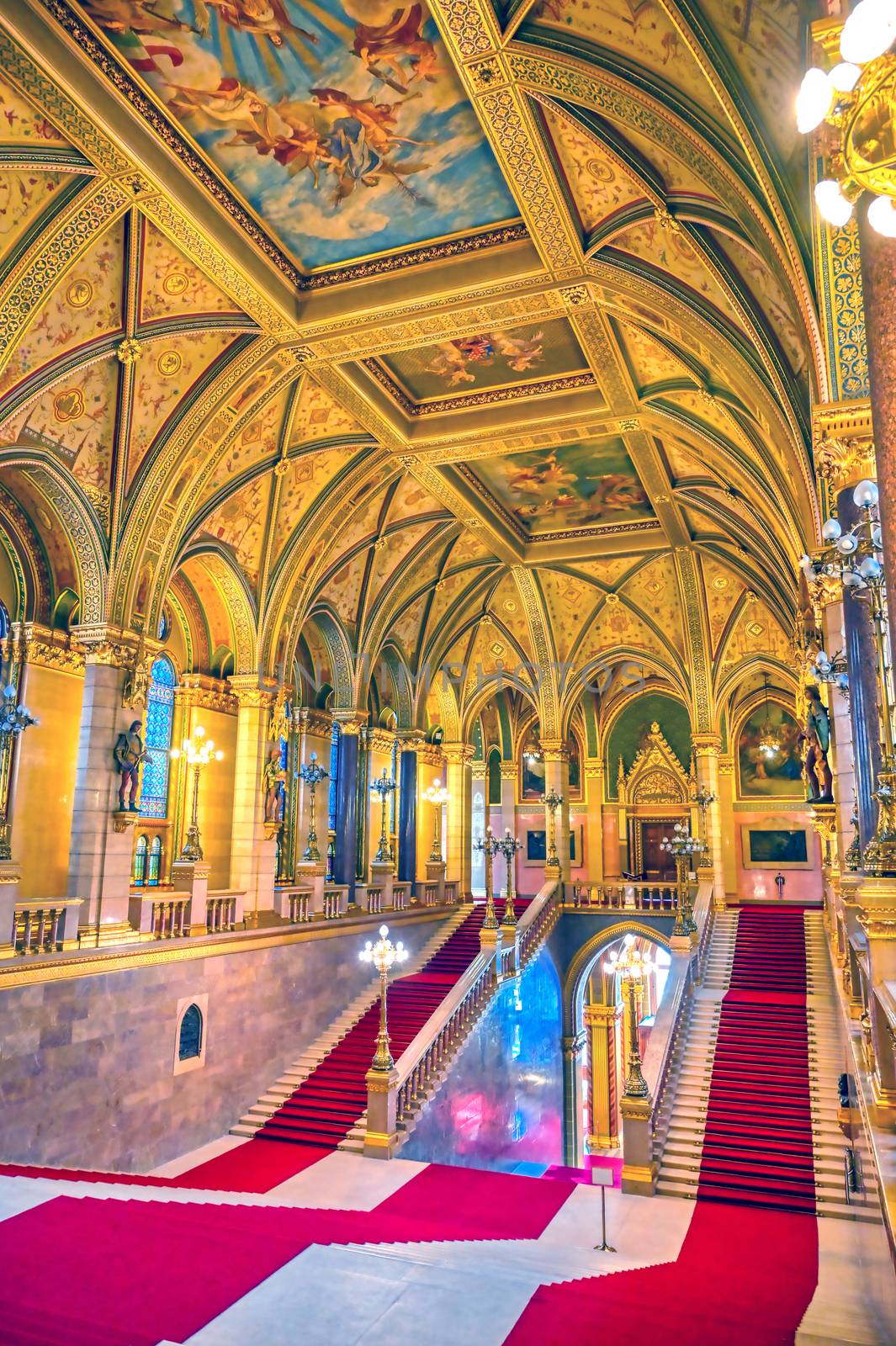 Budapest, Hungary - May 26, 2019 - The interior of the Hungarian Parliament Building in Budapest, Hungary.