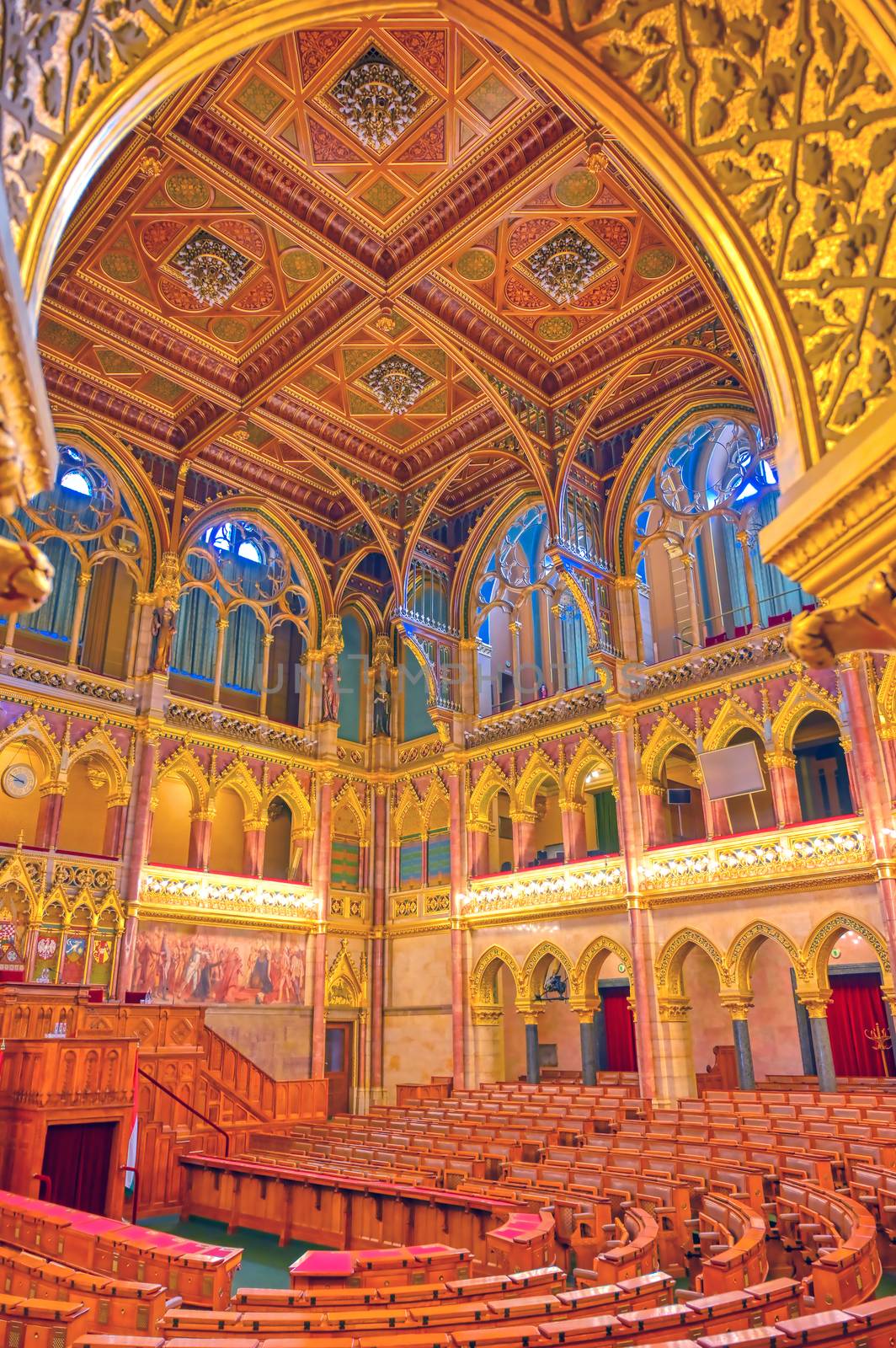 Budapest, Hungary - May 26, 2019 - The interior of the Hungarian Parliament Building in Budapest, Hungary.