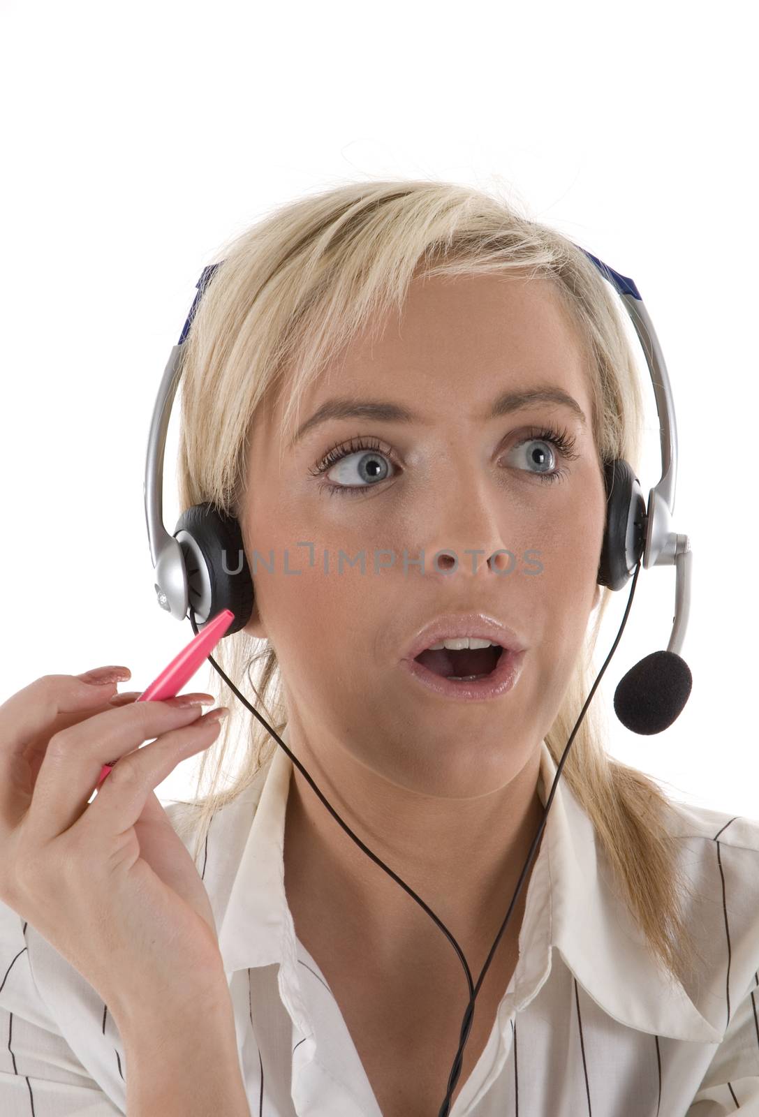 A call centre operator looking surprised