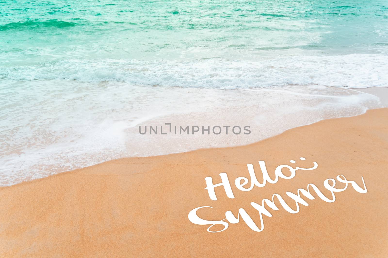Hello summer qoute on blur beach and tropical coconut palm summer style abstract blurry background. Holiday vacation time concept.