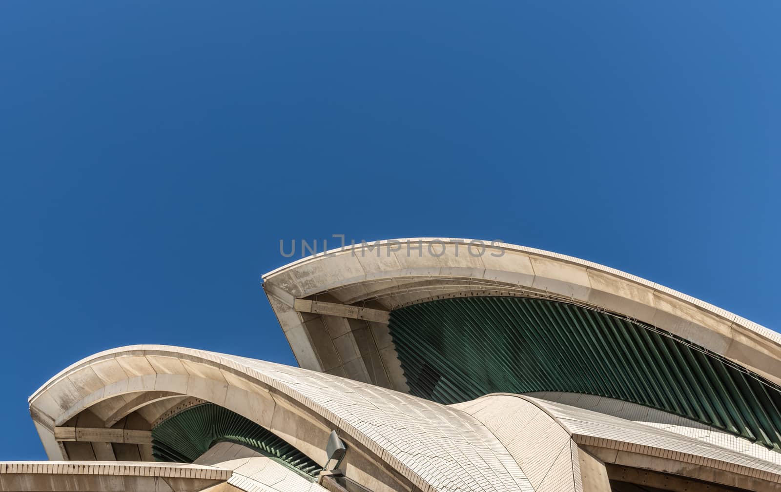 Sydney, Australia - February 11, 2019: Detail of white roof structure of Sydney Opera House against deep blue sky. 2 of 12.