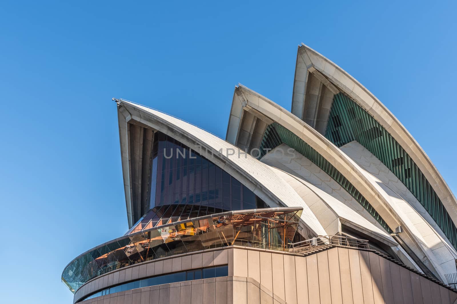 Sydney, Australia - February 11, 2019: Detail of white roof structure of Sydney Opera House against deep blue sky. 4 of 12.