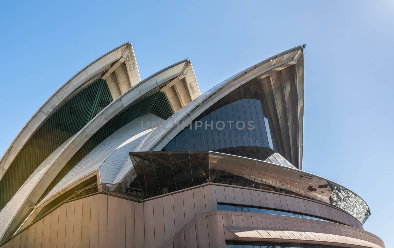 Sydney, Australia - February 11, 2019: Detail of white roof structure of Sydney Opera House against deep blue sky. 6 of 12.