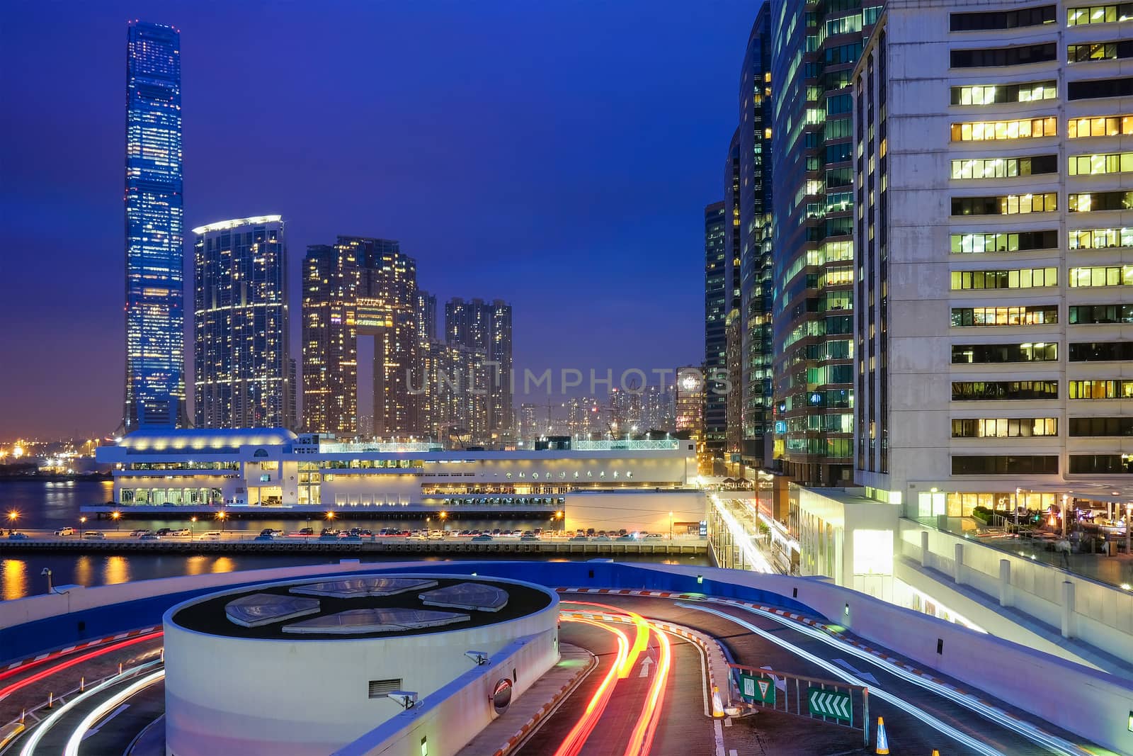 Night view traffic in Hong Kong at twiligth time by Surasak