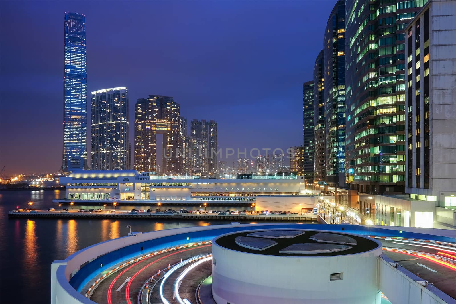 Night view traffic in Hong Kong at twiligth time by Surasak