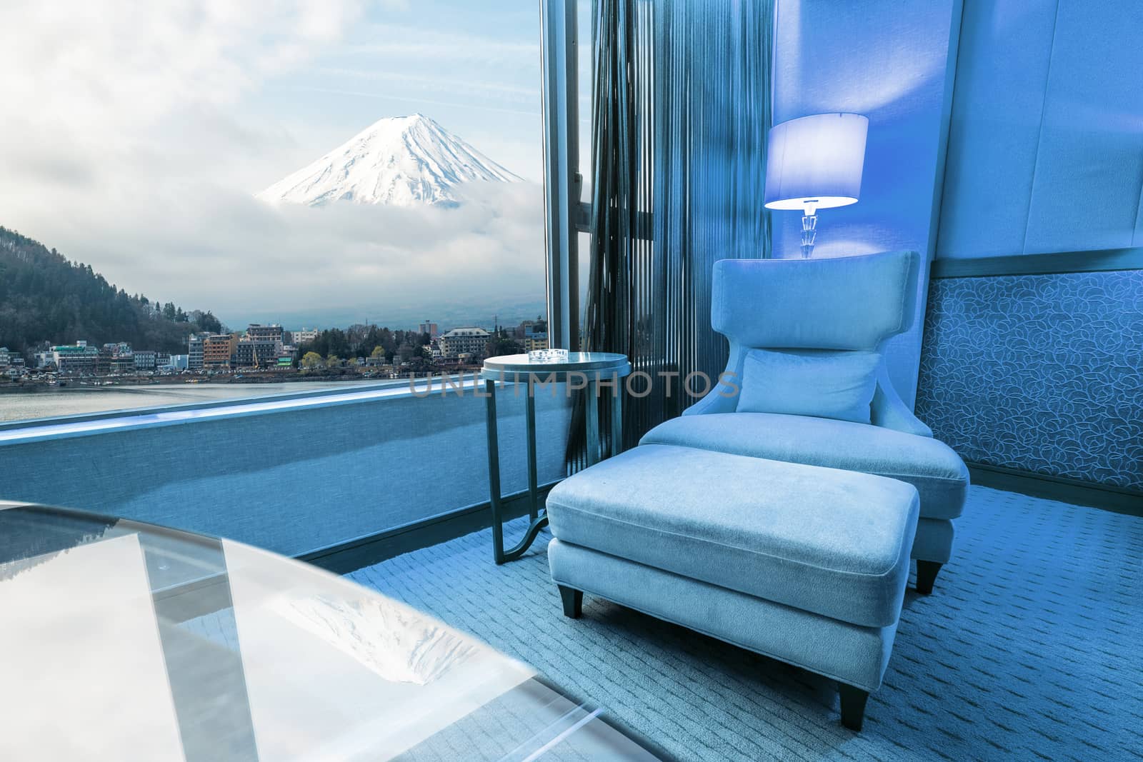 Retouch Sofa in living room in fuji mountain background 
