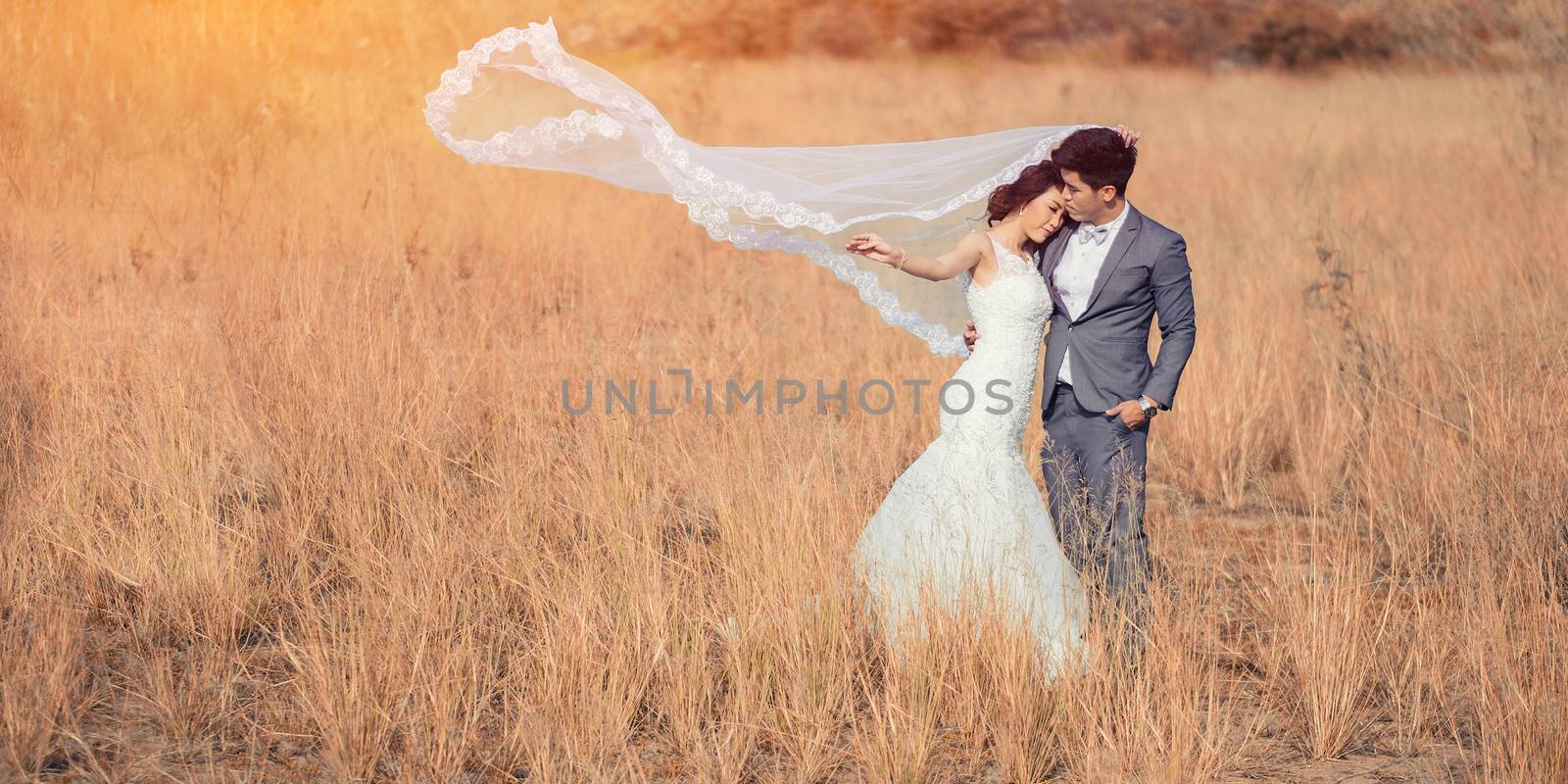 Happy romantic young couple in Meadow