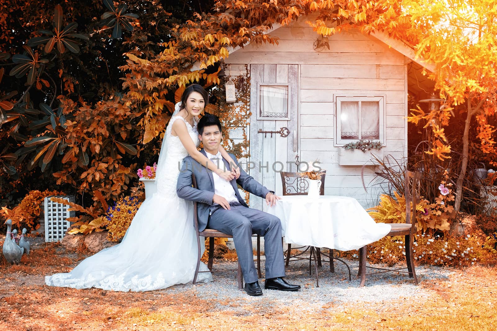 Asian bride and groom in autumn park and sunlight