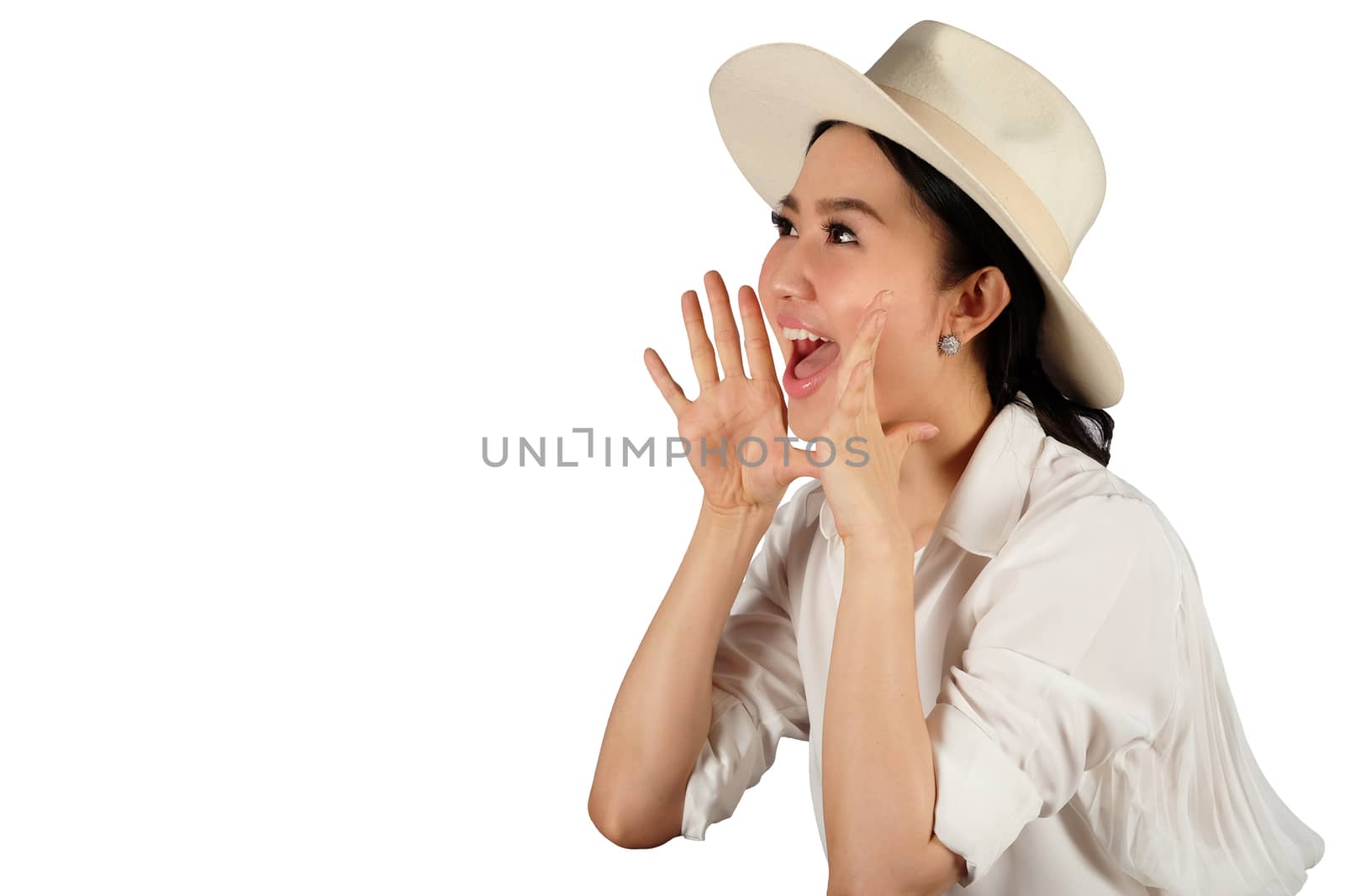 Beautiful young woman shouting on white background with clipping path