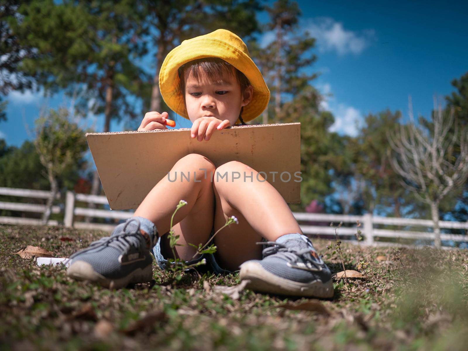 The artist little child girl sitting and painting in the recycling cardboard in a summer park. by TEERASAK