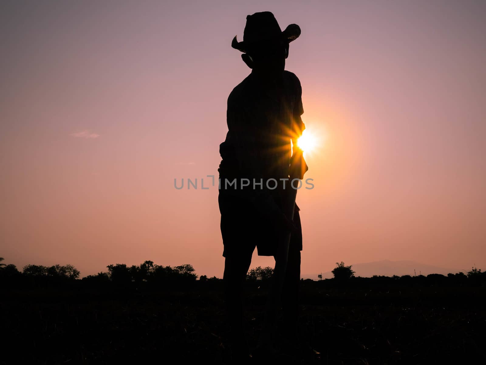 Silhouette of Elderly Asian farmers shoveling and prepare the soil with a spade for planting on sunset background.