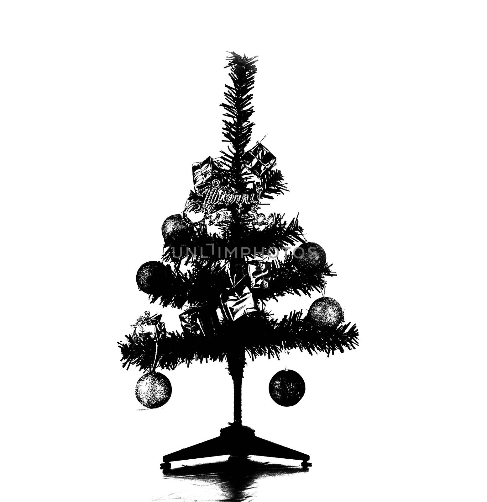 black and white picture of Christmas fir tree decoration with baubles, small gift and lights presents for new year, isolated on white background.