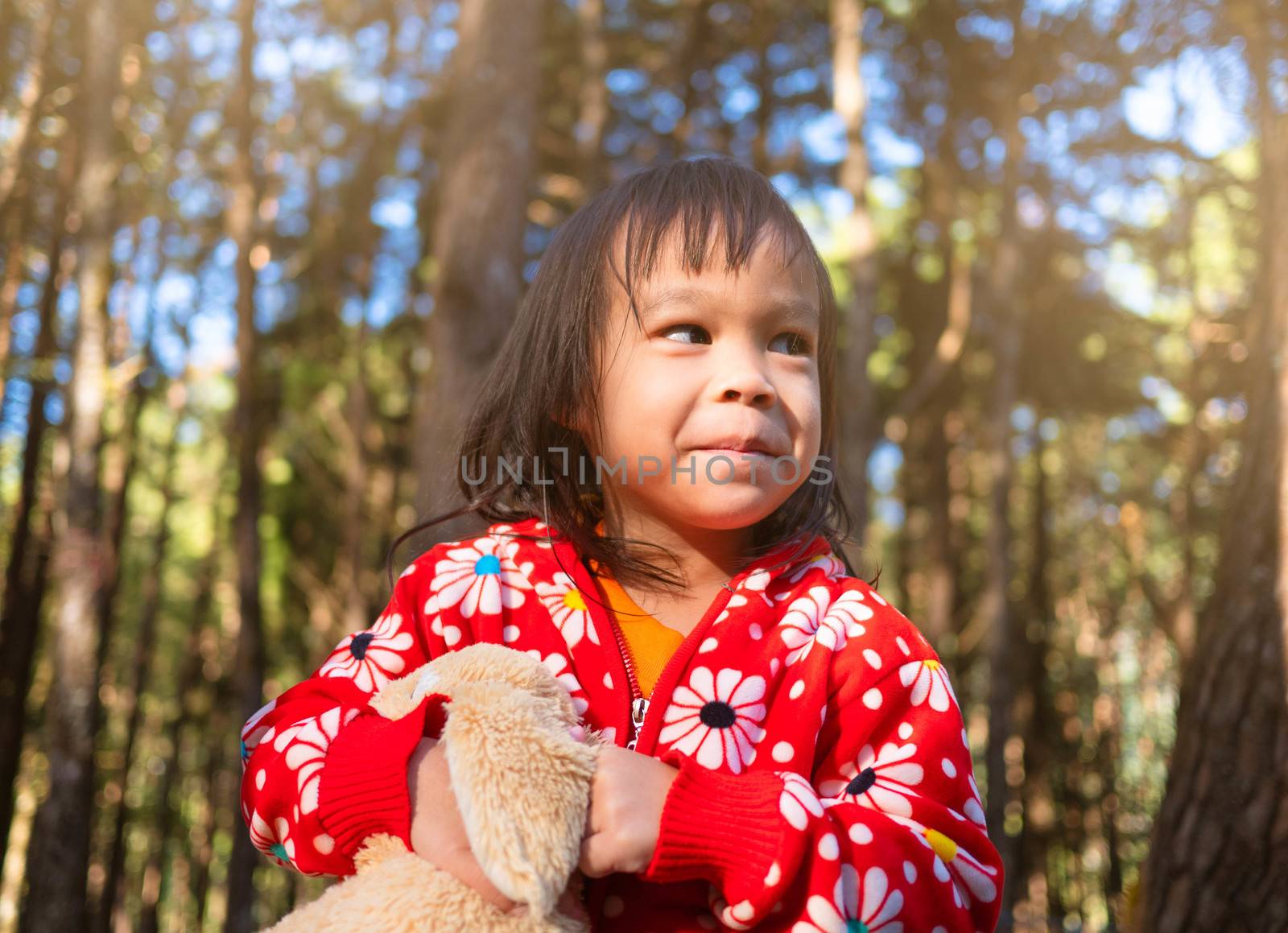 Happy Asian little child girl gone camping at pine forest with family on winter seasons. The concept of outdoor activities and adventures in nature for kids.