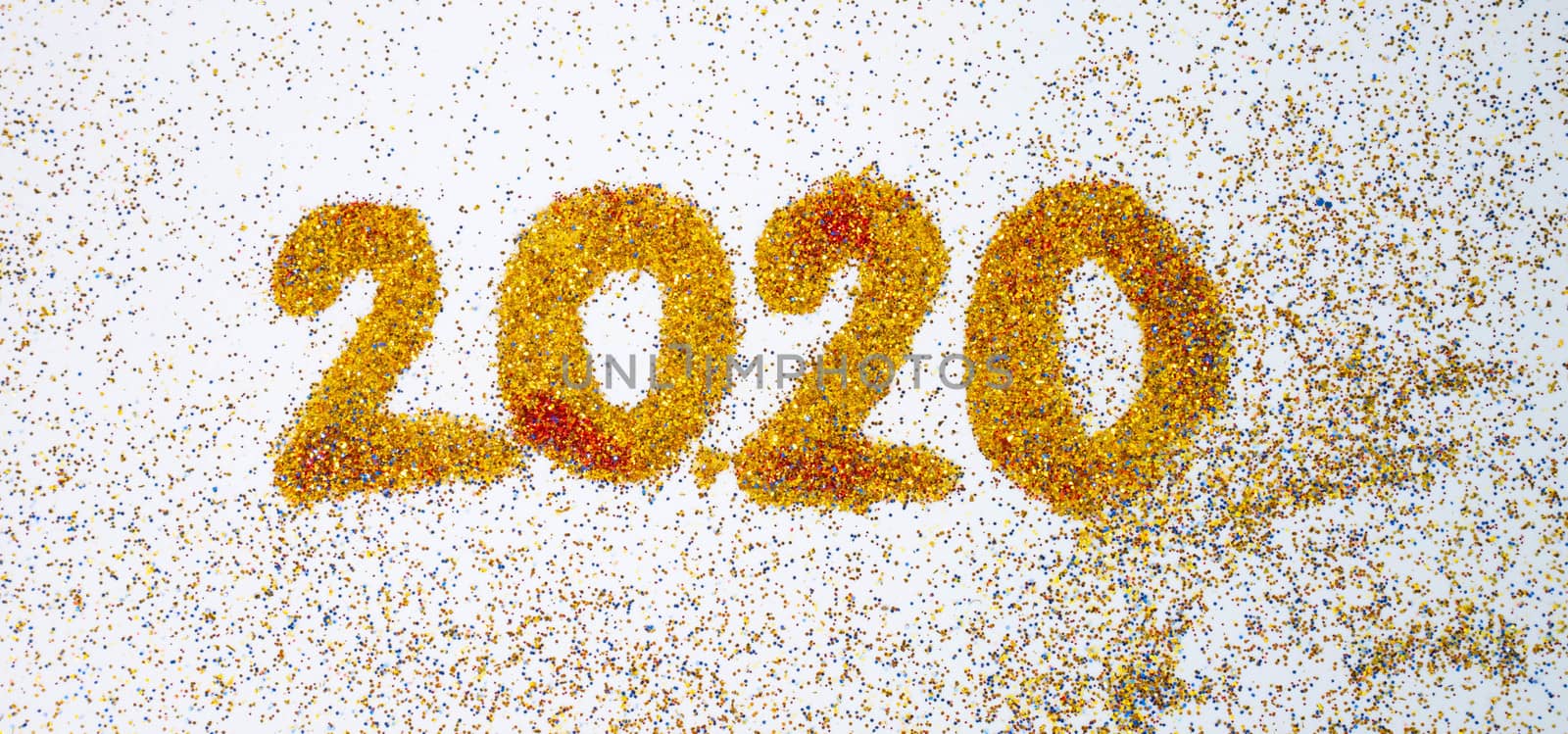 New Year 2020 is coming concept, The yellow glitter showing 2020 isolated on white background.