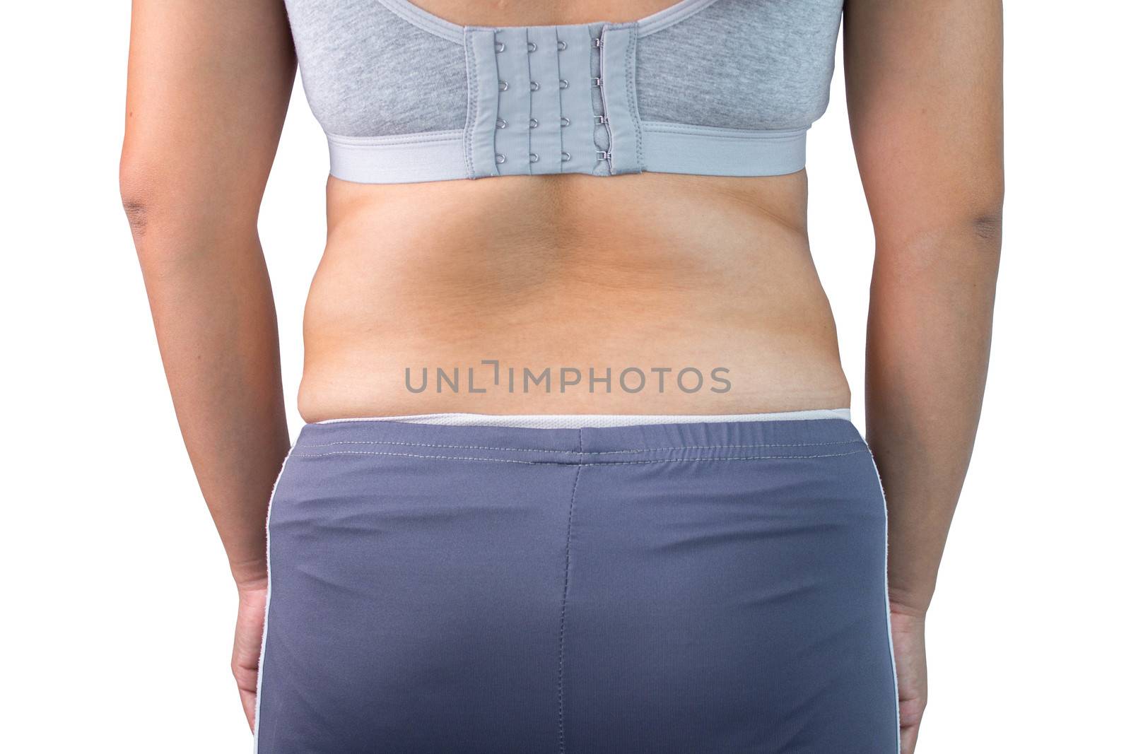 Rear view of Asian fat women are overweight isolated on white background. Woman fat belly. Obesity and Health care Concept.