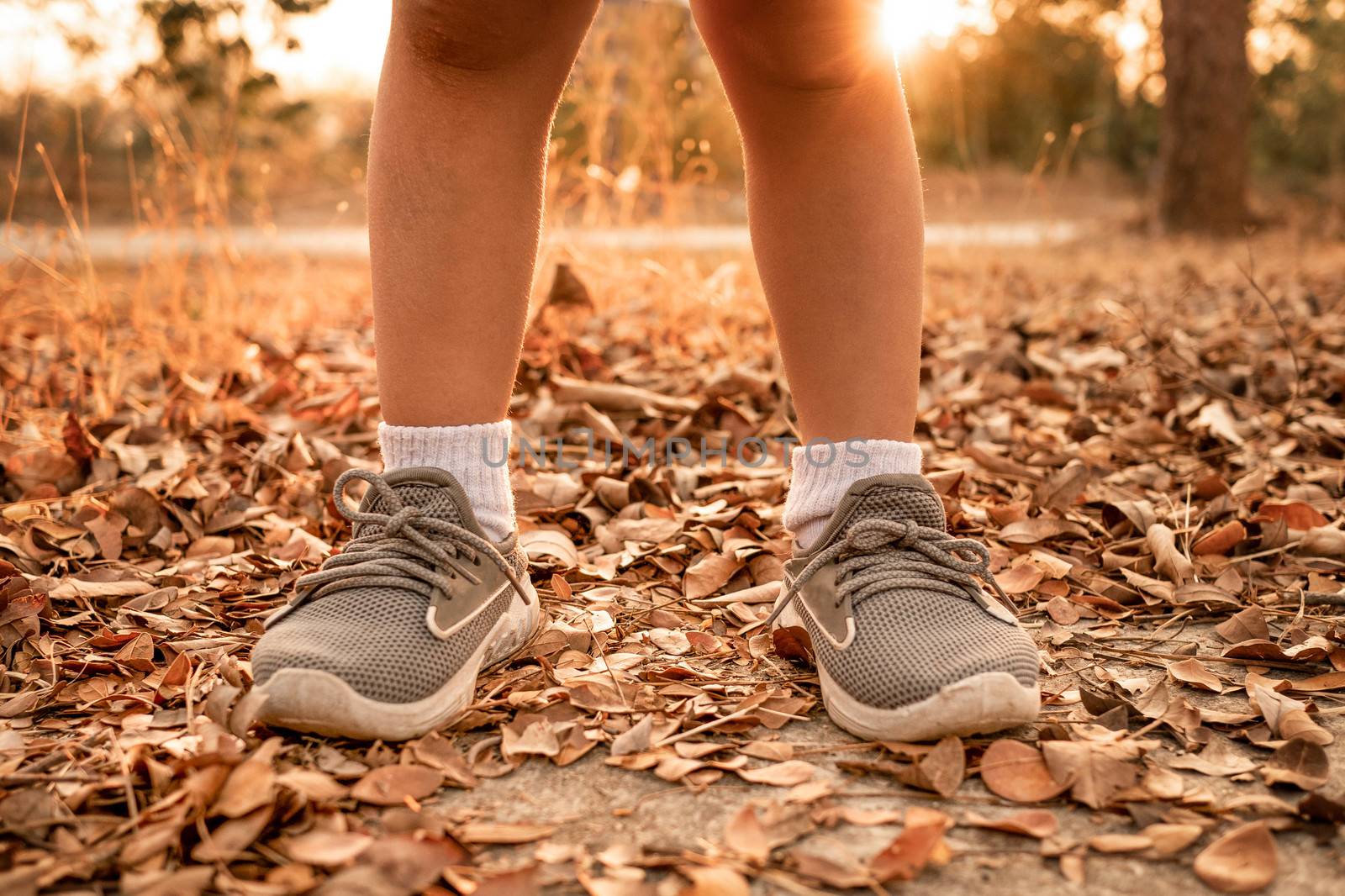 Close-up of Young girl in running shoes standing on pavement with dry leaves in summer park. Healthy lifestyle concept. by TEERASAK