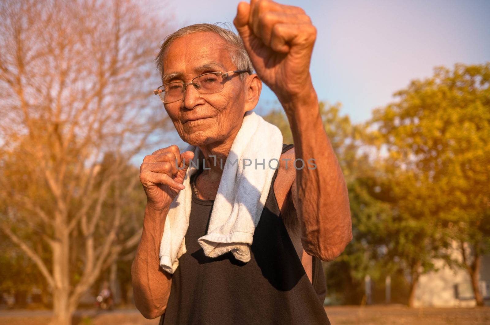 Attractive senior sportive man in boxing stance to exercises in the park for good health. Healthcare concept. by TEERASAK