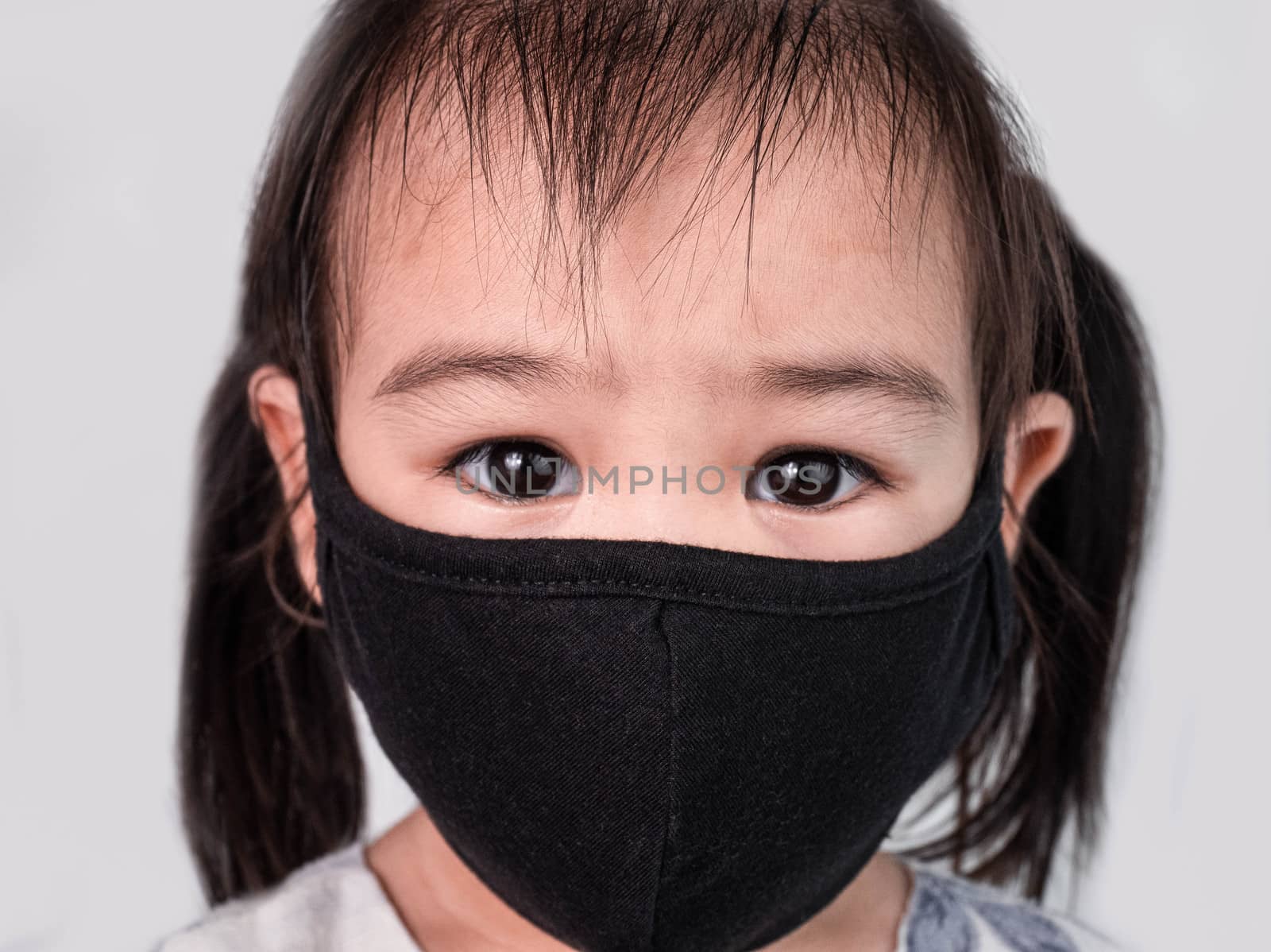 Portrait of Asian child girl wearing facial mask for protection from air pollution or virus epidemic on white background. Health care concept.