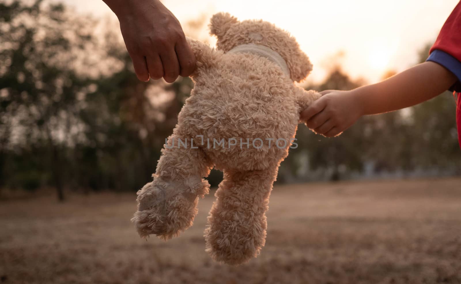 Close-up Hand of Asian mother and her daughter holding teddy bear's hands and walking together. Mother and child with love and relationship concept. by TEERASAK